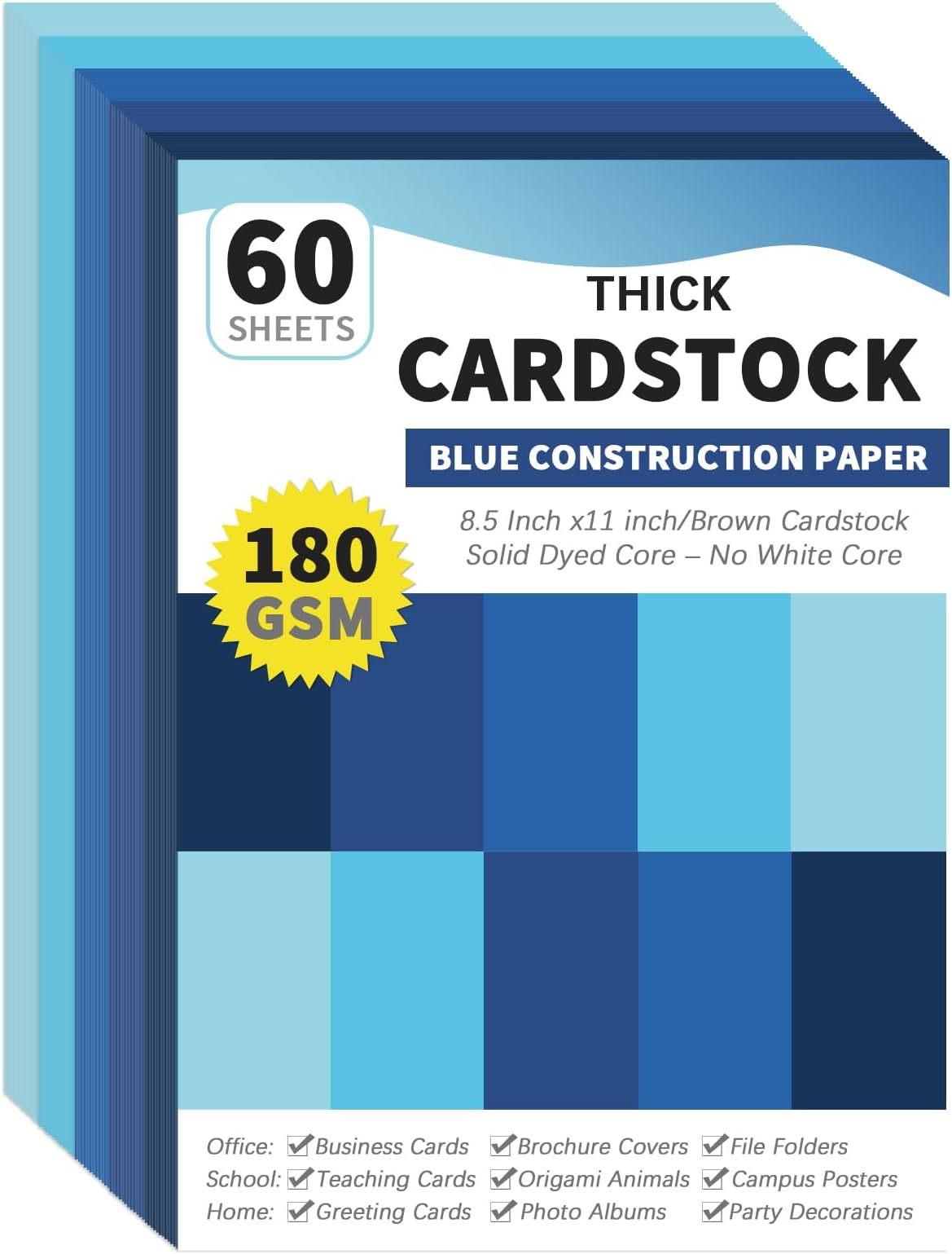 gisgfim 60 Sheets Blue Cardstock 8.5 X 11 Solid Dyed Core Construction Paper Cardstock 5 Assorted Colors Card Stock Printer Scrapbook Paper 65lb/180gsm for Embossing Printing Invitations DIY Craft
