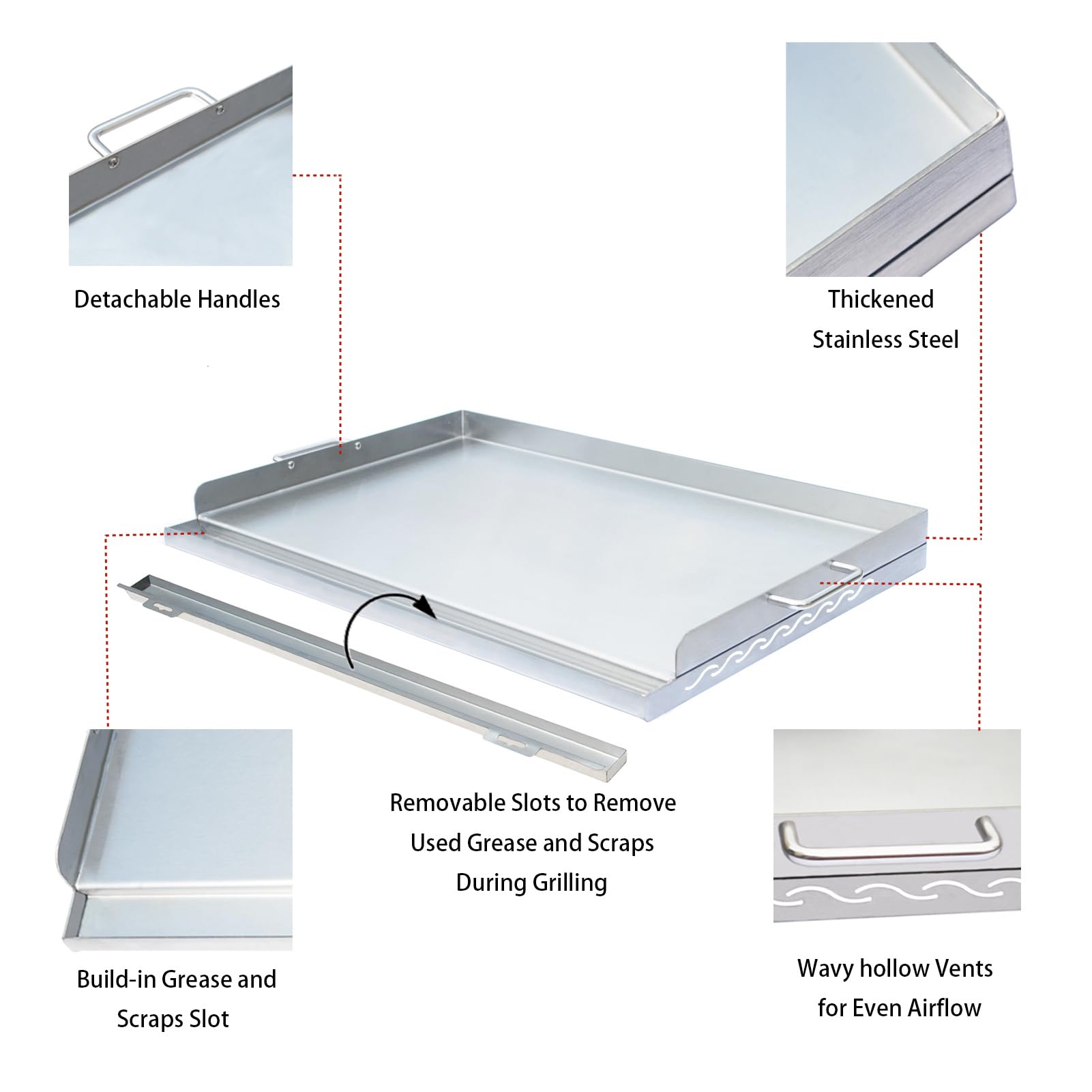 Stainless Steel Grill Griddle with Removable Grease Tray, Flat Top Plate with 2 Removable Handles with Even Heating Cross Bracing for Gas/Charcoal Grill, Tailgating, Camping and Parties, 23
