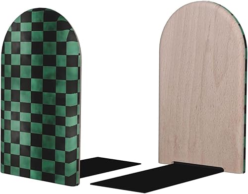 Book Ends for Shelves 1 Pair - Retro Green Black Checkered Print Wood with Metal Base Bookends for Heavy Books, Book Stand Organizer Holder for