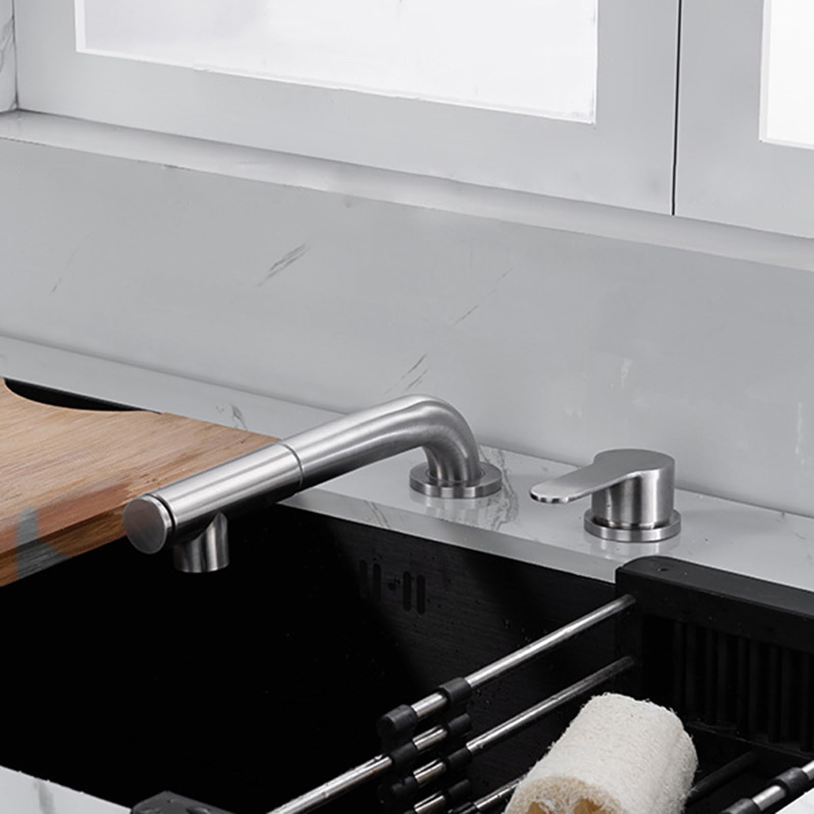 XJTNLB Grifo Cocina Abatible y Extraible Grifo Cocina Plegable Bajo Ventana Modo Dual Grifos de Cocina Fregadero Monomando Oculto de Elevación-Negro