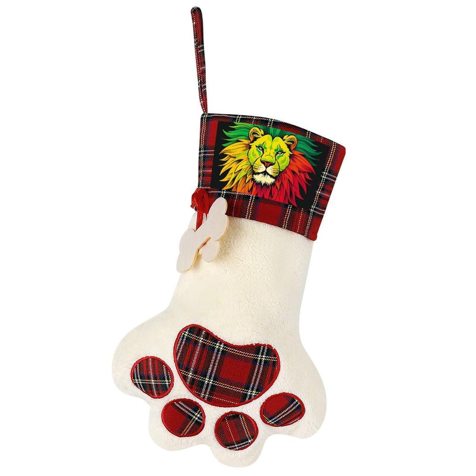 Lion's Head Majestic Dog Paw Christmas Stocking for Pet Lovers 17" Faux Sherpa Pet Stocking with Red Black Buffalo Plaid Bone Accent Xmas Holiday Decor for Tree Fireplace Party Ornament