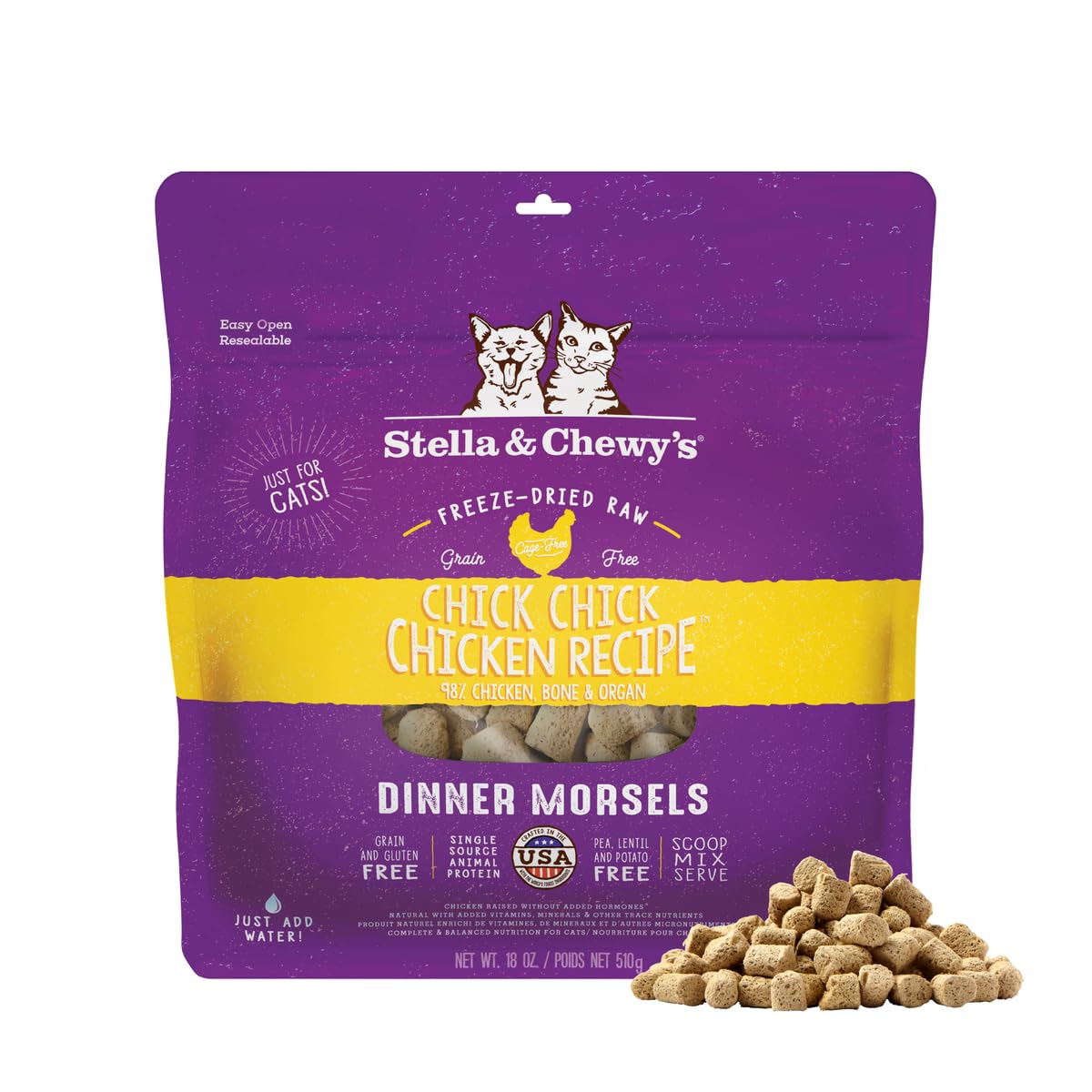 Stella & Chewy's Freeze-Dried Raw Cat Dinner Morsels - Premium Chicken Recipe with 98% Cage-Free Meat & Organs - Natural Grain-Free Cat & Kitten Food - Made in USA - 18 oz