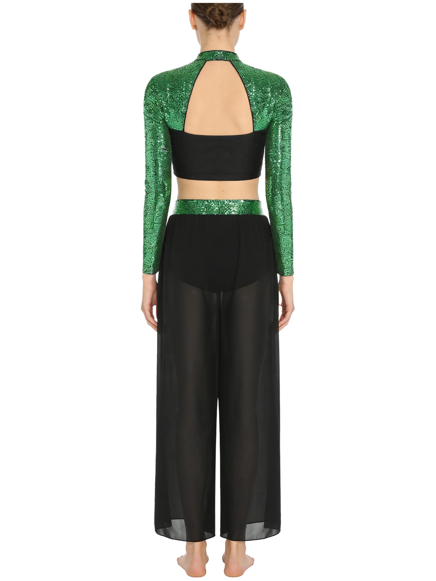 Mujer Traje Baile Lírico con Lentejuelas Brillantes Crop Top de Manga Larga y Pantalones Traje de Gimnasia Rítmica Disfraz de Bailarina de Ballet S-XXL