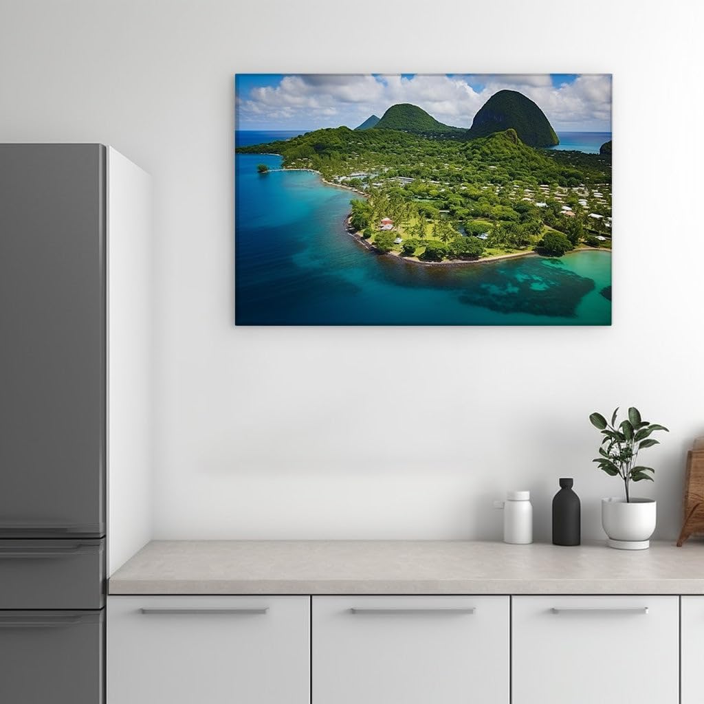 Canvas for Living room. Tropical Island Serenity: Where Lush Greenery Meets Azure Waters, 27 x 18 inch Canvas Wall Art - Ready to Hang