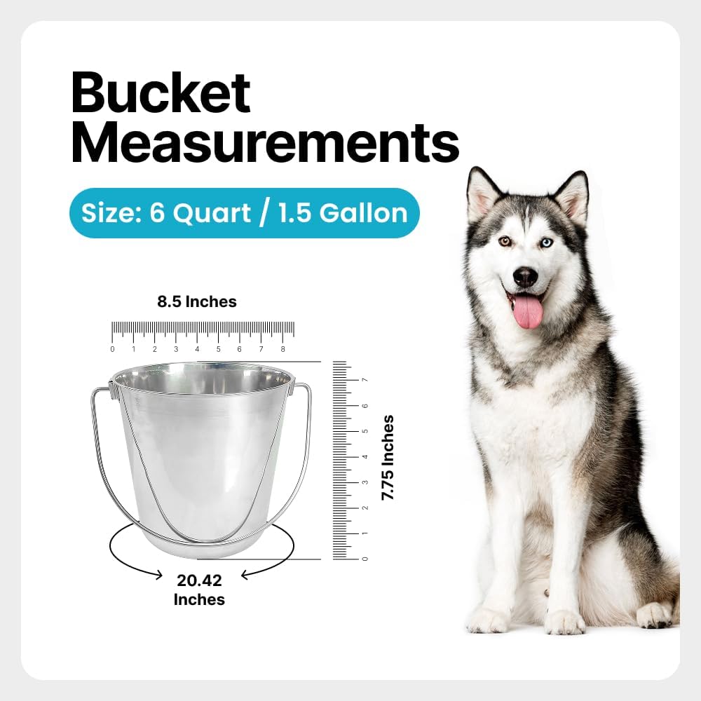 1.5 Gallon Heavy Duty Stainless Steel Bucket - Rust-Resistant Metal Bucket for Feeding & Watering Pets, Livestock & Cleaning - Perfect for Crates, Kennels, Cages & Hang on Fences - 6 Quart