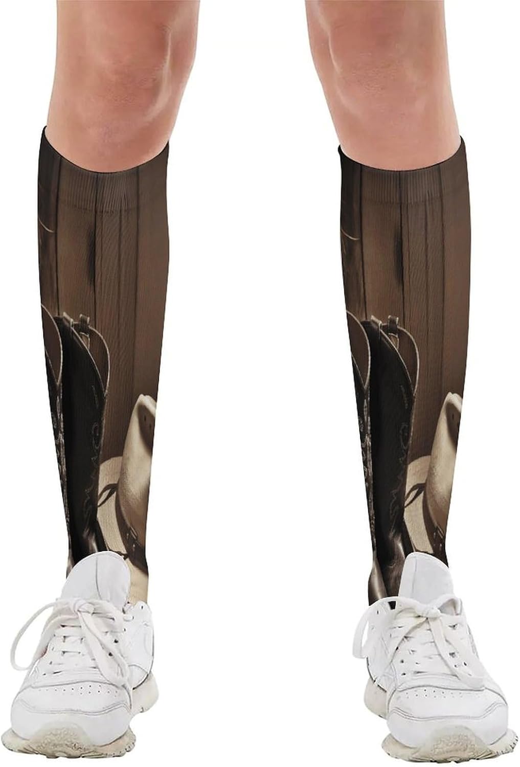 Cowboy Black Hat Western Boots Compression Socks for Men Women, Soft Breathable Knee High Socks Comfort Over The Calf Tube Sock