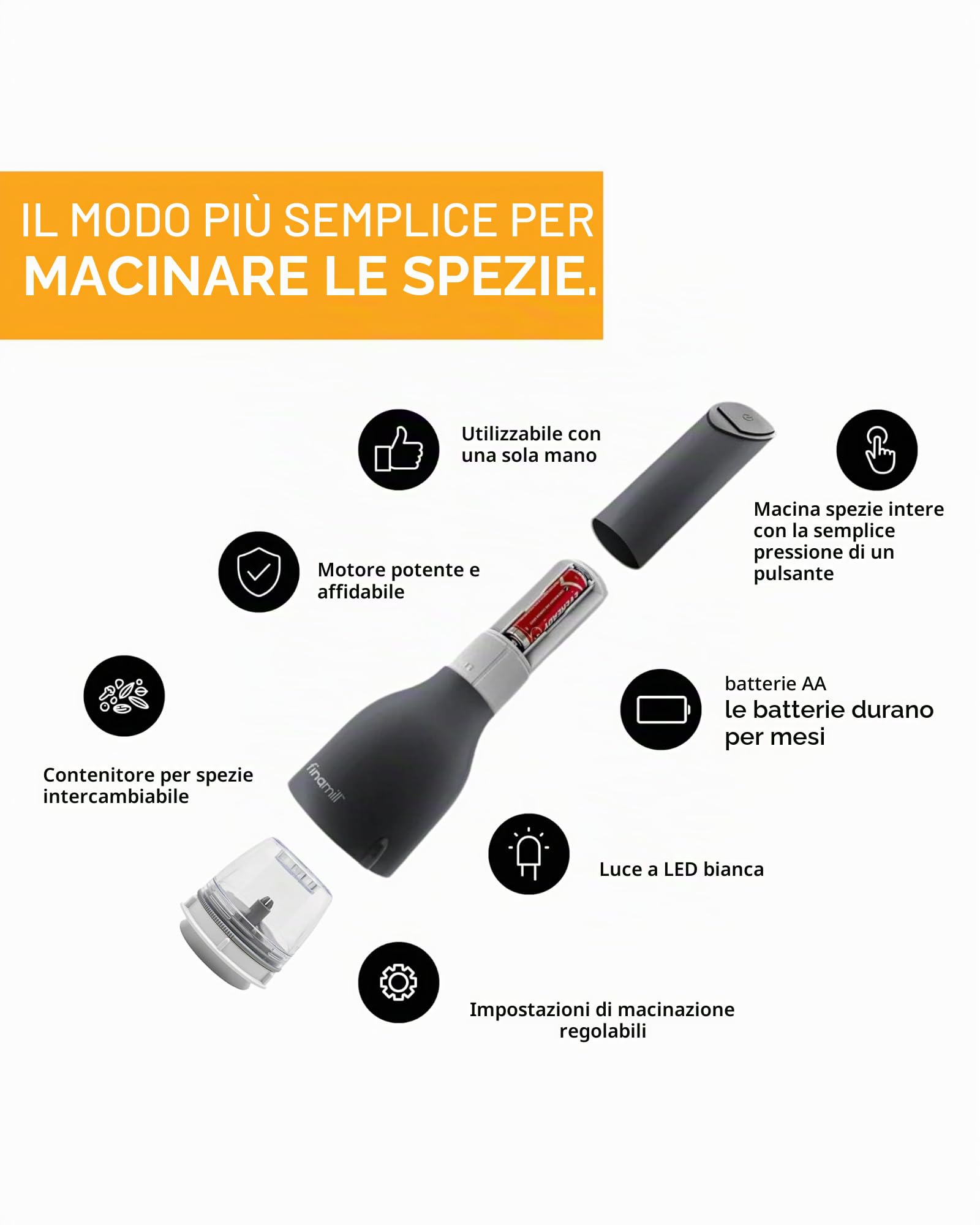FinaMill Mulino per pepe e macinapepe a batteria pluripremiato in uno, peso regolabile, funzionamento One Touch con luce LED, include 2 capsule ProPlus a cambio rapido | Set macina sale e pepe a batteria con 2 capsule intercambiabili per spezie, grana reg