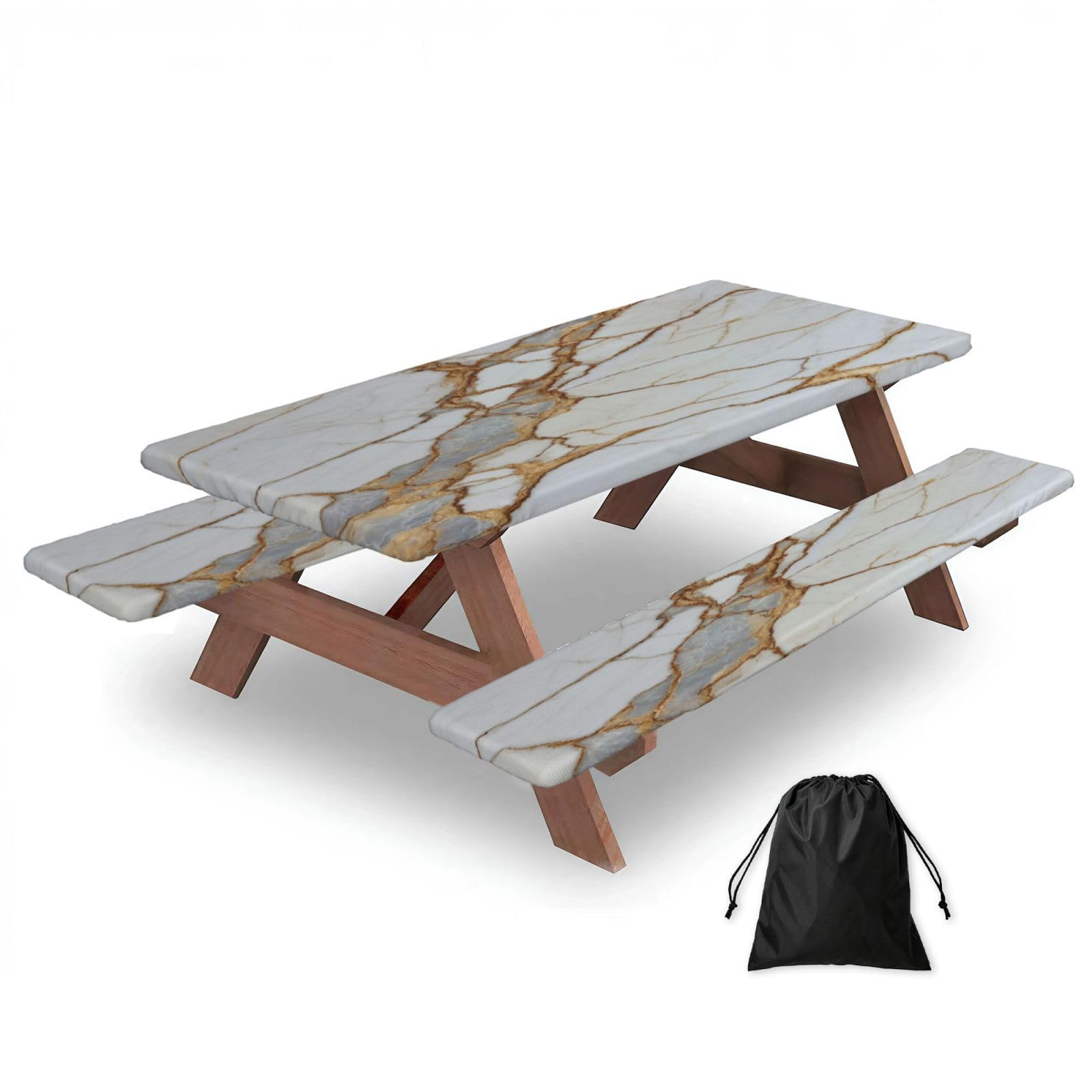 Mantel elástico de patio para mesa rectangular de 6 pies con patrones dorados y fundas de banco