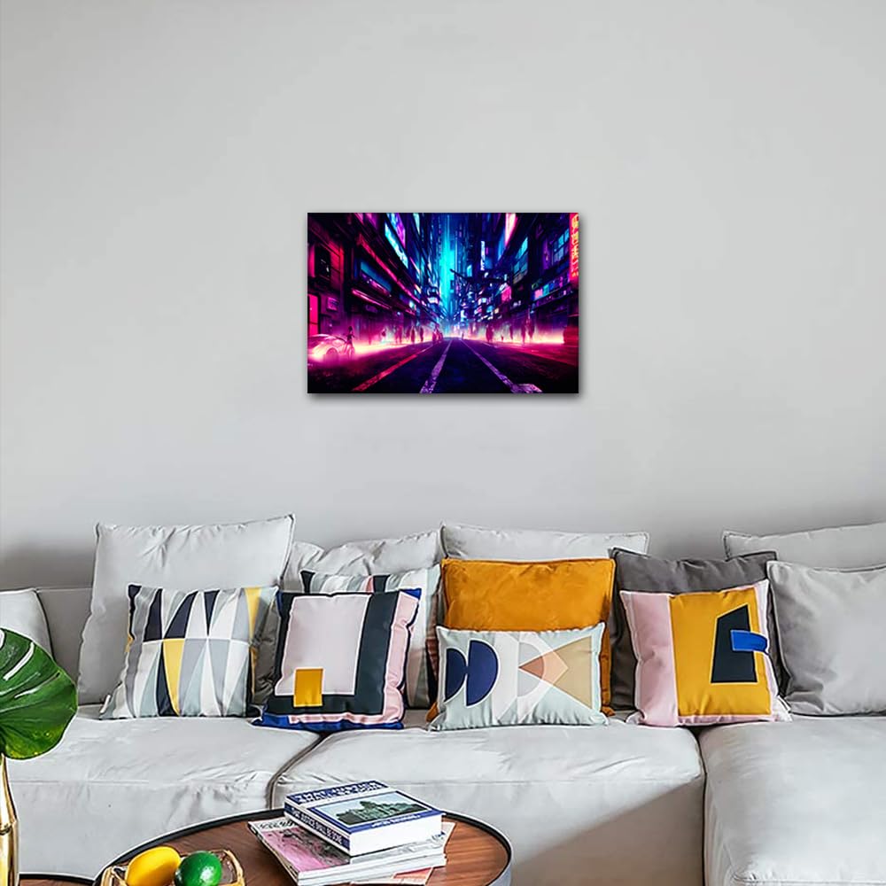 Contemporary Art Cyberpunk Style Pictures Office Decor 1 Pieces Cyberpunk City Street Night View Futuristic City Neon Lights Wall Decor for Living Room Modern Artwork Framed Ready to Hang 18x12 in - Image 4