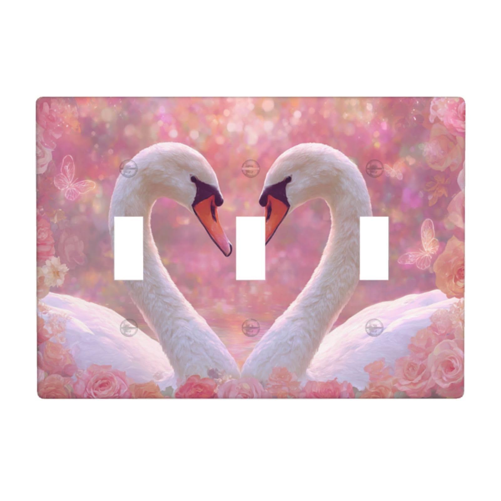 Two White Swans Heart Shape Pink Roses Light Switch Covers 3 Gang Triple Toggle Wall Plate Switchplate Electrical Faceplate for Bathroom Kitchen Bedroom Decor