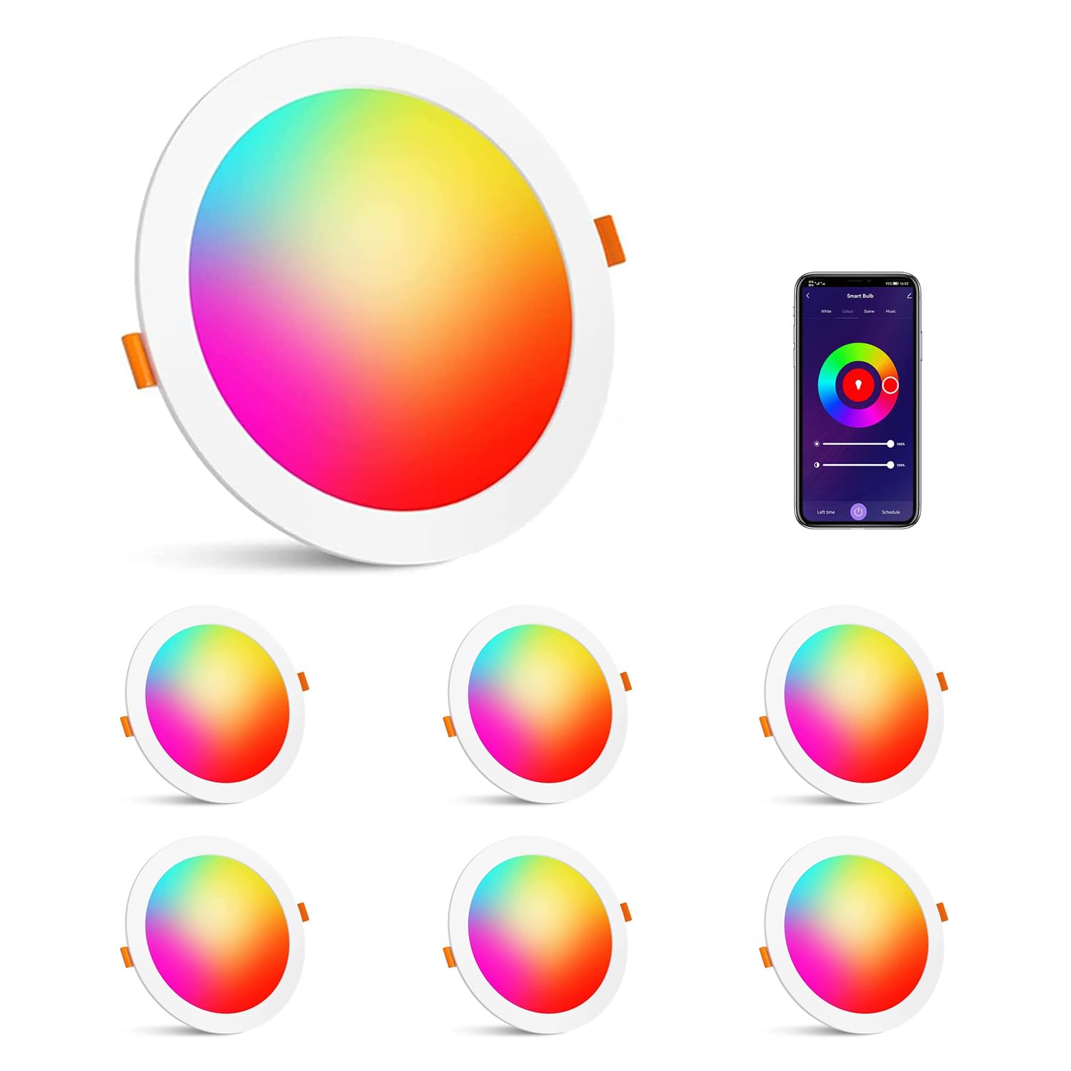 LED Recessed Ceiling Lights,6 Pack 10W Dimmable Smart Downlights RGB+Warm White+Cool White,App Control,Bluetooth Mesh Spotlights 2700K-6500K for Living Room,Bedroom,Kitchen,KTV(10W 6 Pack)