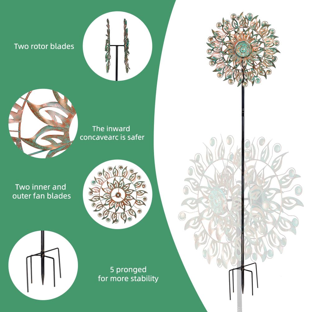 DREAMYSOUL Molinillo de Viento de Metal, 16.5 Pulgadas de diámetro x 64 Pulgadas de Alto, para Exteriores, esculturas de Viento cinéticas de 5 Puntas y molinillos para jardín y Patio (Bronce)