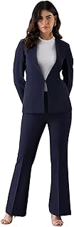 powersutra Women's Navy Blue Minimalist Regular Fit Blazer with Trousers in Stretchable Fabric | Casual Wear | Formal Suit | Single-Breasted Blazer with Collarless Neck & Button Closure for Office-picture-11