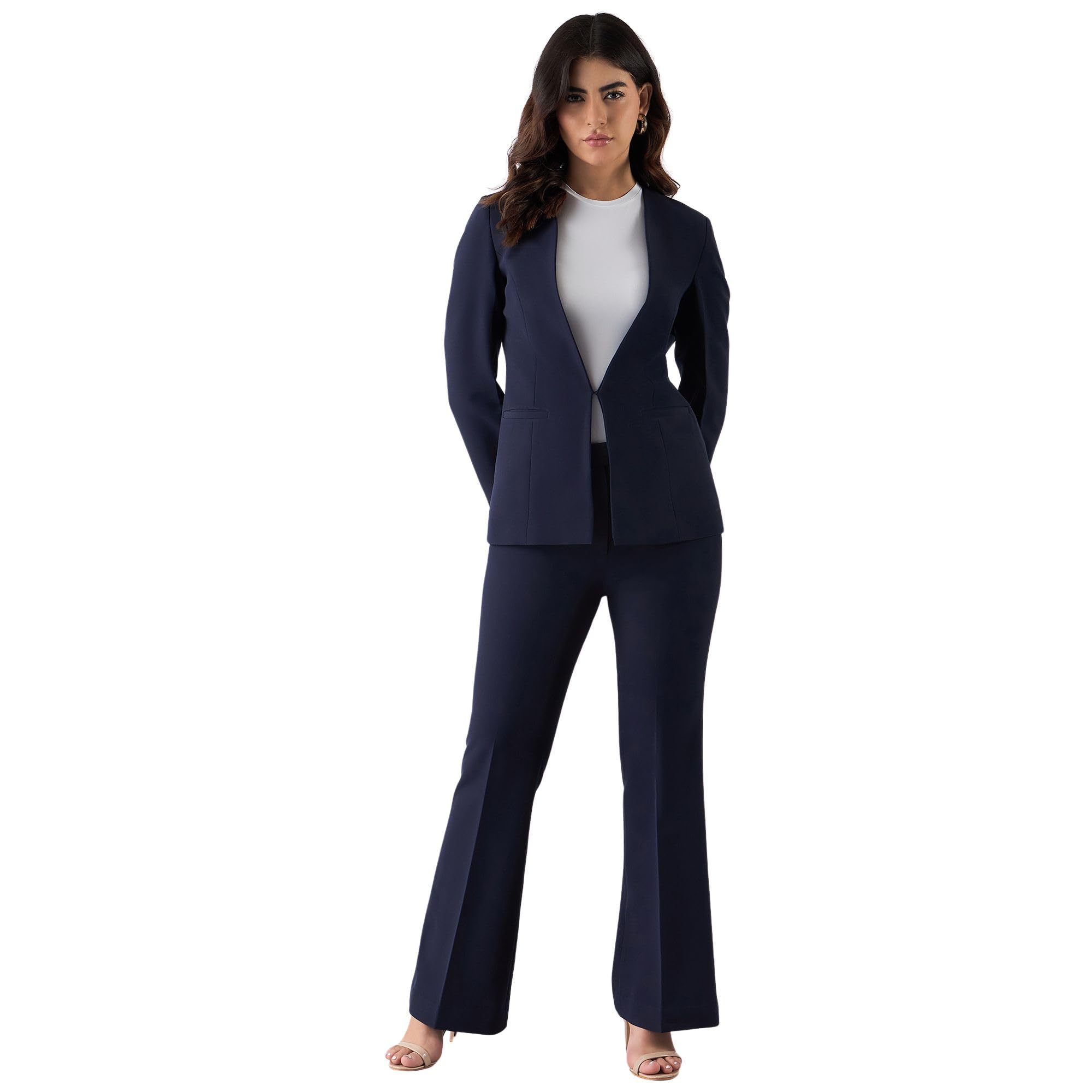 Women's Navy Blue Minimalist Regular Fit Blazer with Trousers in Stretchable Fabric | Casual Wear | Formal Suit | Single-Breasted Blazer with Collarless Neck & Button Closure for Office