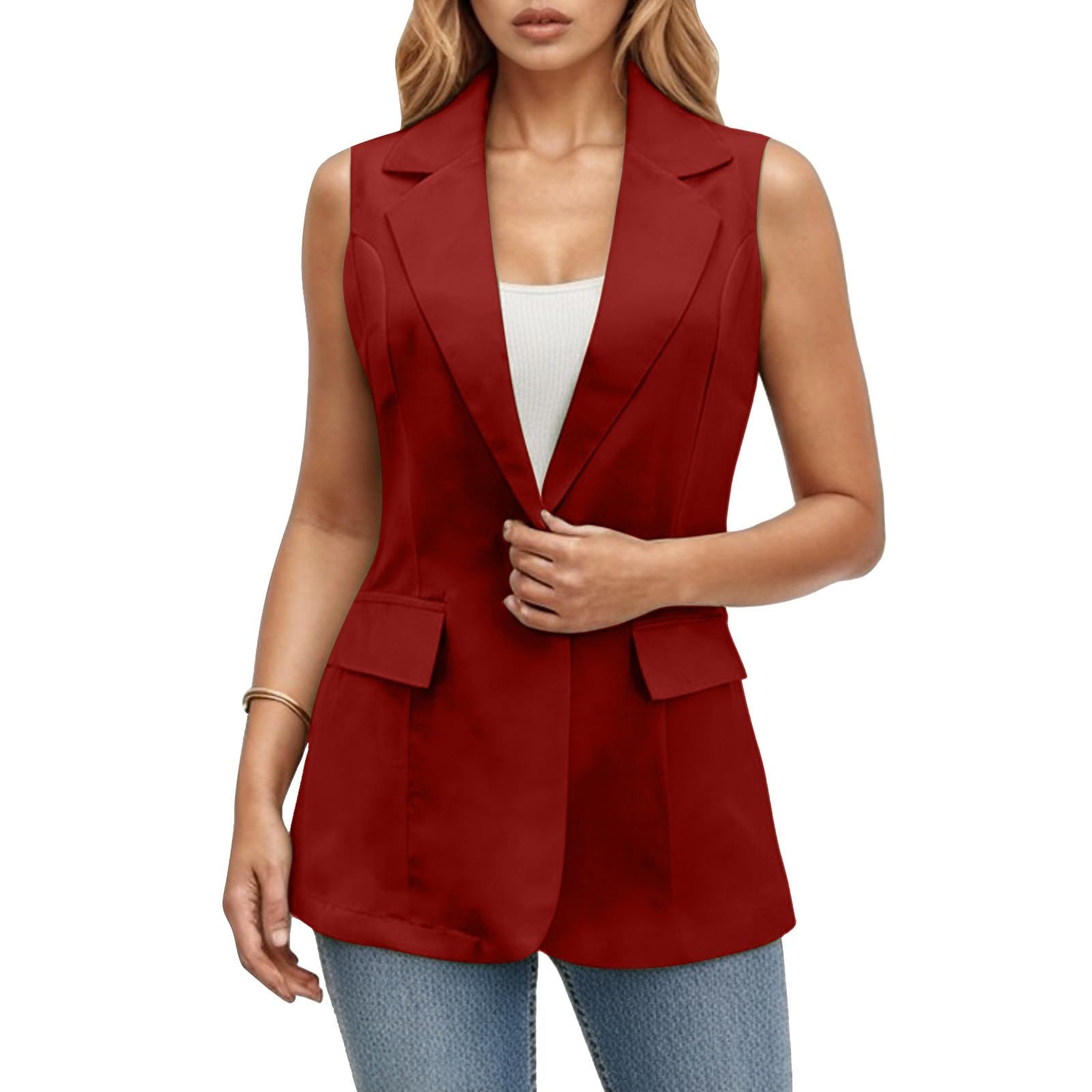 Generisch Ärmelloser Damenmantel Einfarbig Cardigan Jacke mit Taschen Lässige Business für Büro Alltag Elegante Übergangskleidung Leichte Weste