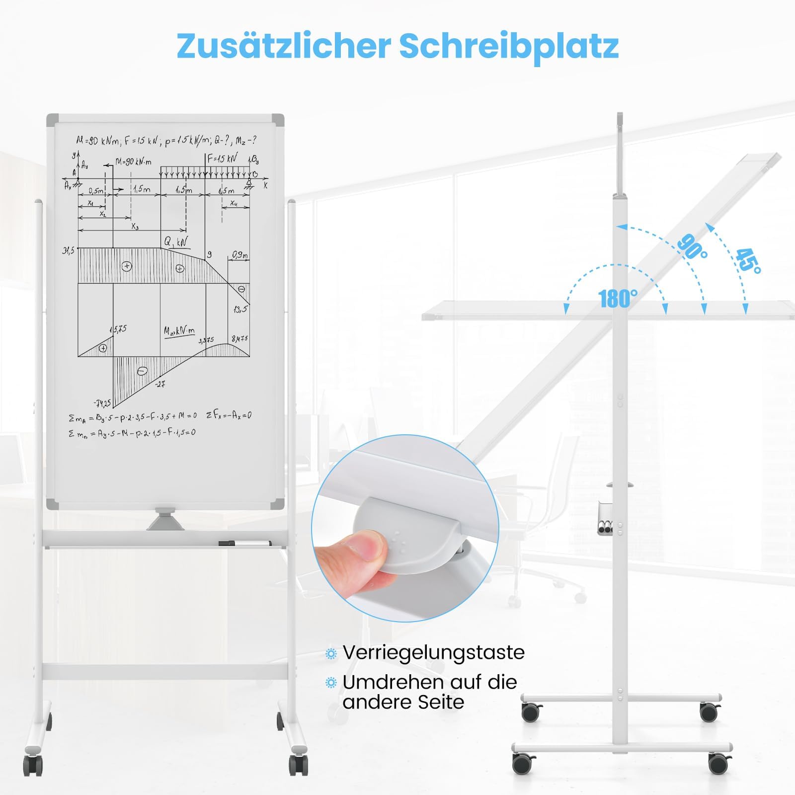 FANTASK Doppelseitiges mobiles Whiteboard, 60 x 100 cm, höhenverstellbares magnetisches Whiteboard mit Rollen, Ständer und Stiftablage, inkl. Zubehör für Schule, Büro, Zuhause (Weiß)
