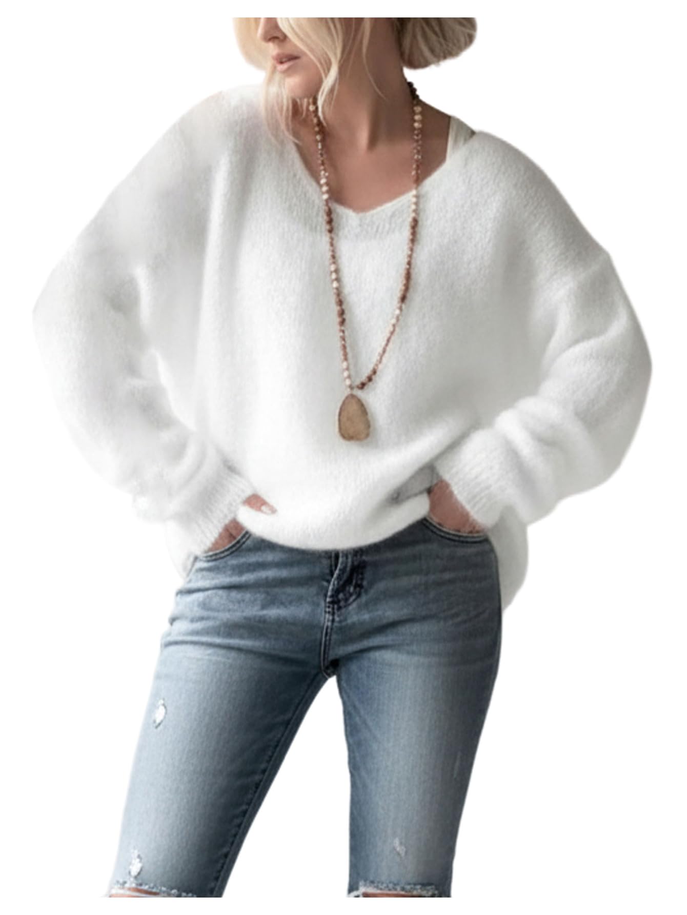 SOLY HUX Womens V Neck Long Sleeve Sweater Knit Pullover Jumper Tops Cozy Sweaters