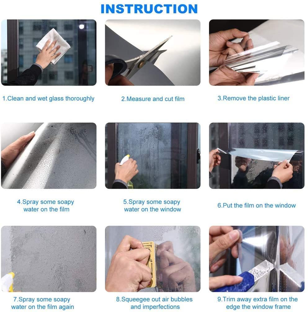 Pellicola Specchio Riflettente per Vetri Finestre Autoadesiva Anti-UV e Controllo del Calore Pellicola Privacy Monodirezionale Adatto per Ufficio Casa (90 * 200cm, Nero-Argento)