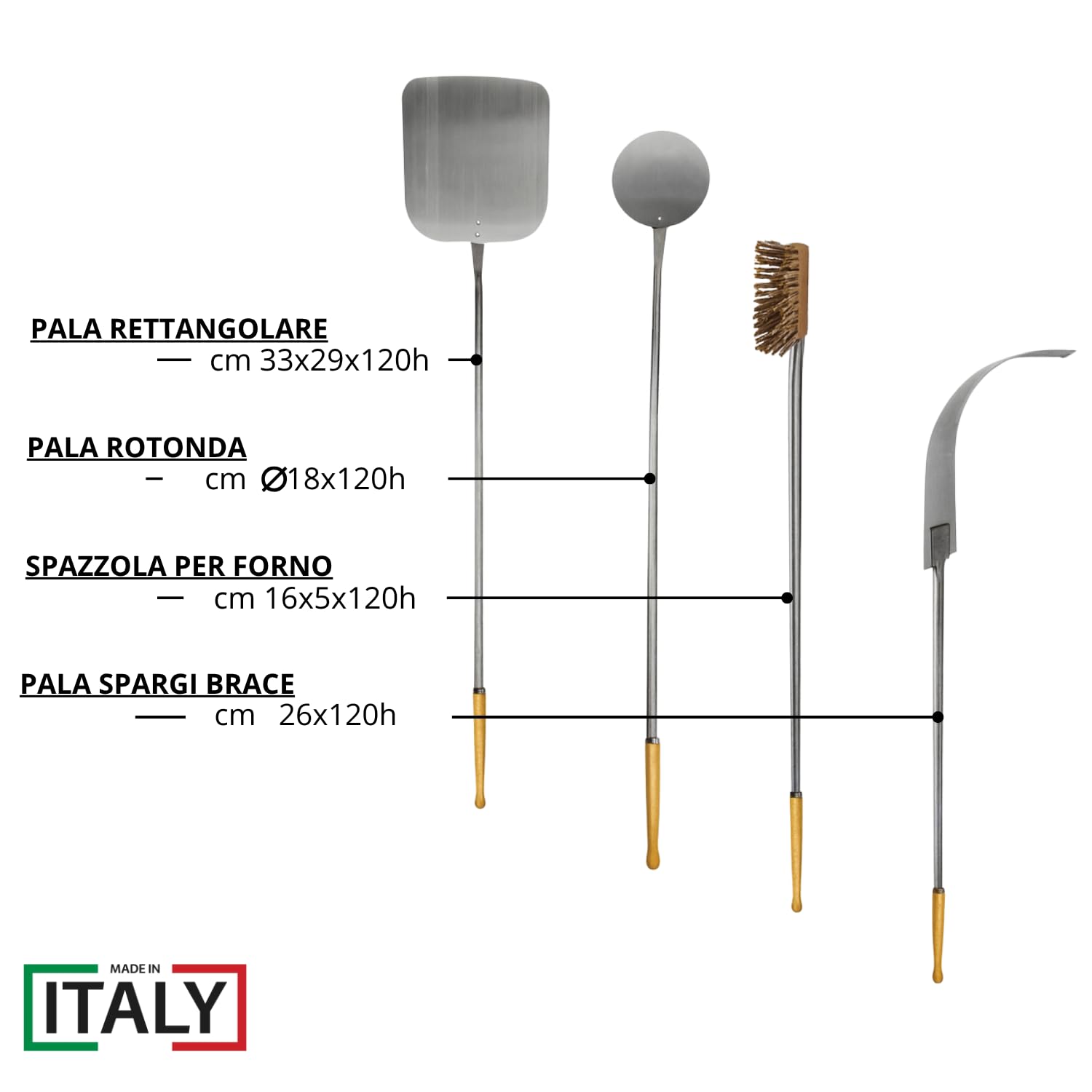 MOHOME Kit Pale per Pizza Forno a Legna Elettrico Set 4 Pale Alluminio Made in Italy Rotonda Rettangolare Spazzola Spargibrace Manico in Legno Faggio Accessori Forno Casa Ristorante