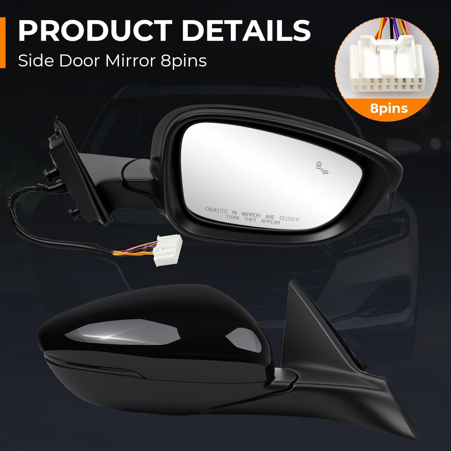 Right Side Door Mirror Compatible with Honda Accord EXL Hybird Touring 2018-2022 equipped with Power Glass, Heated, Blind Spot. Black 8pins. Replaces HO1321330 76208-TVA-A42