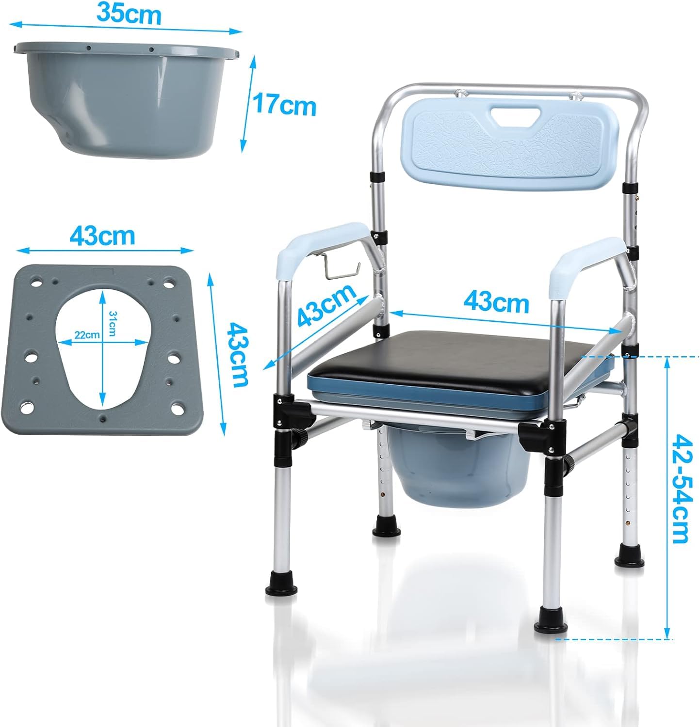 Sedia per WC per senior, portatile, regolabile in altezza, 42-54 cm, con seduta imbottita e secchio per WC, antiscivolo per camera da letto e bagno