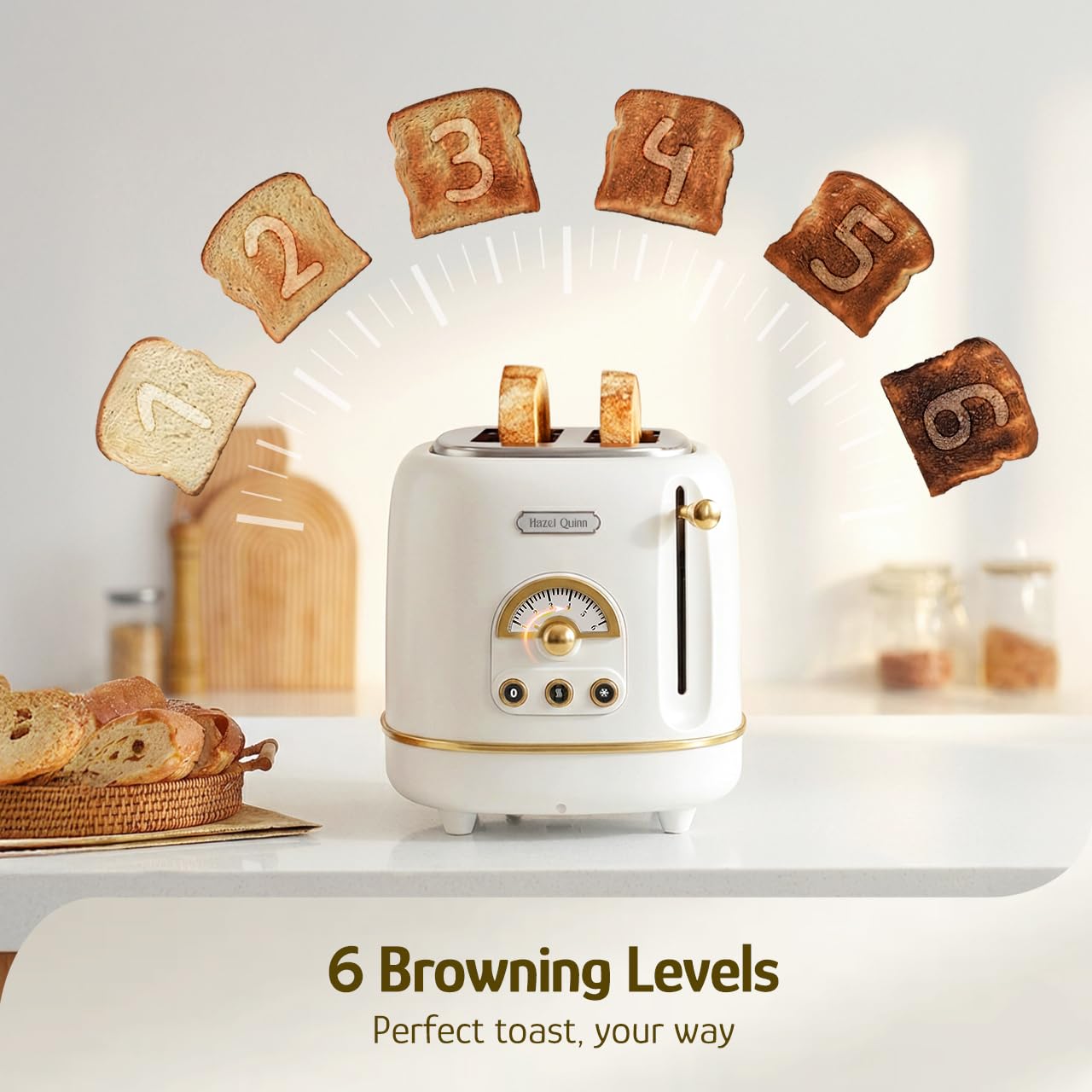 Hazel Quinn X Eduardo Recife Collaboration 2-Slice Retro Toaster, 6 Browning Levels, 3 Functions-Defrost/Reheat/Cancel, Removable Crumb Tray for Easy to Clean, 1.5 Inches Extra Wide Slots: Preal White