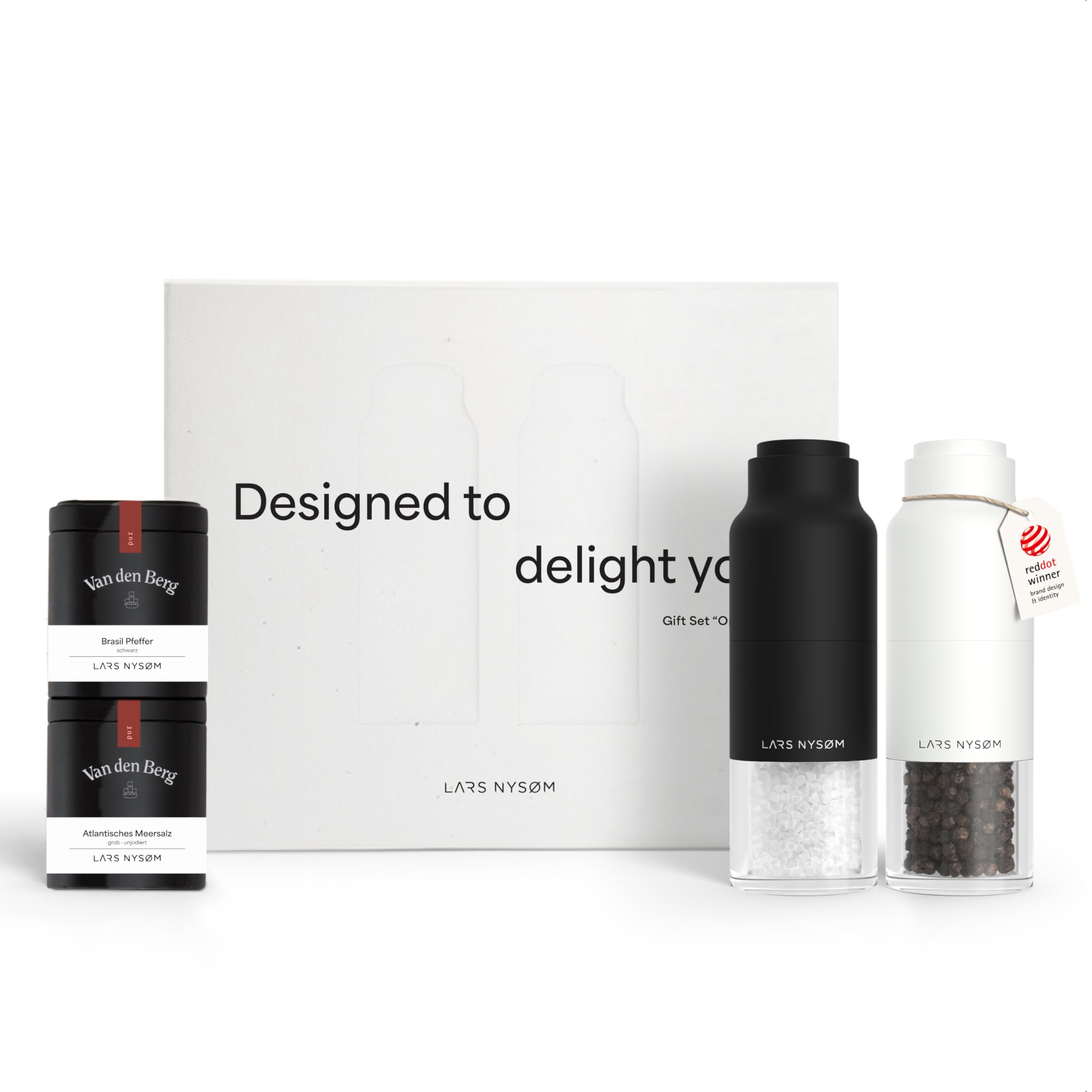 LARS NYSØM Salt and Pepper Grinder Gift Set - Bottle Design Mills with 2 Premium Spice Tins - Elegant Kitchen Gift Box for Food Lovers (Black/White)