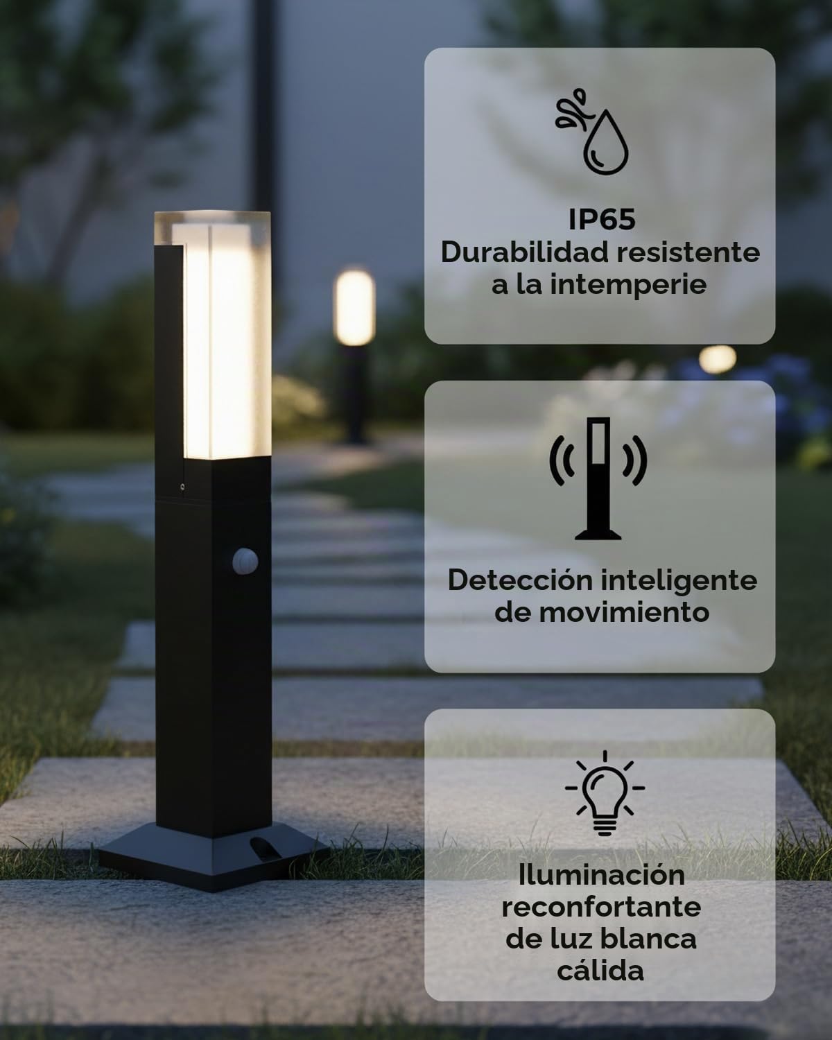 Farolas de Exterior Jardín con Sensor Movimiento, Baliza Exterior LED 220V, IP65, Aluminio, Luz de Bolardo 40cm Lámpara Jardín Poste para Camino y Patio, 3000K, Negro