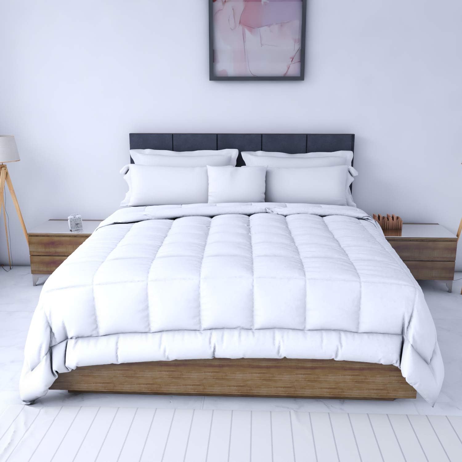 Q Quard Microfiber King Size Comforter 200 GSM Premium Brushed Reversible Cover Alternative Duvet Insert with 6 Built in Corner - Lightweight - All Season - Box Stitched - White