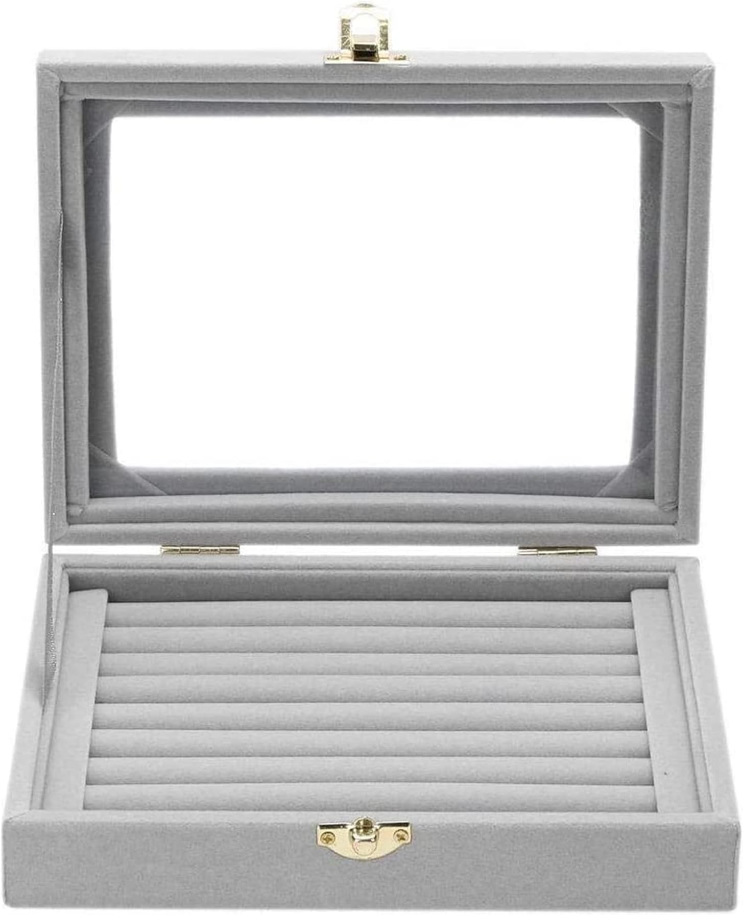 Sulfar Velvet Glass Ring Display Box | Jewelry Holder Organizer Case, Grey Ring Storage for Rings, Earrings, Necklaces | Elegant Gift for Her