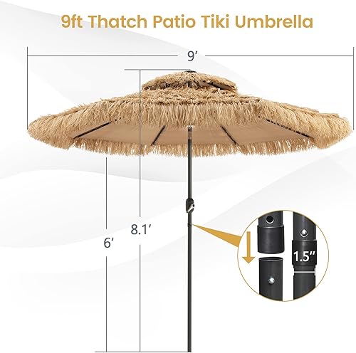 Miniatura 4 de TANGKULA Sombrilla de patio de paja de 9 pies, sombrilla de playa de césped de 2 niveles con 32 luces LED, luz central, sombrilla solar Tiki con 8