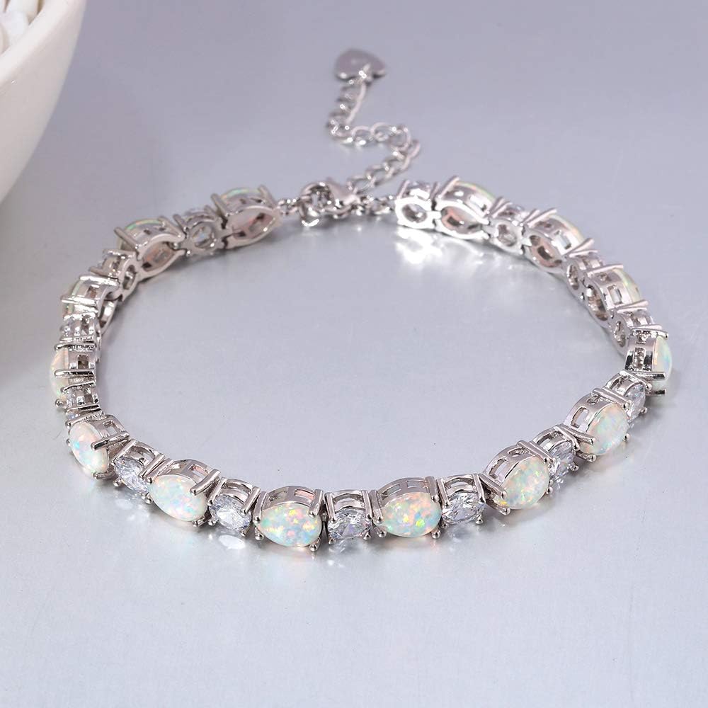 CiNily Opal Tennis Bracelet October Birthstone Bracelets for Women 14K White Gold Plated Oval Fire Opal Jewelry - Image 3