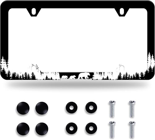 Marco de matrícula Mama Bear de acero inoxidable con diseño de montañas del bosque, accesorio para automóvil, personaliza divertidos agujeros de