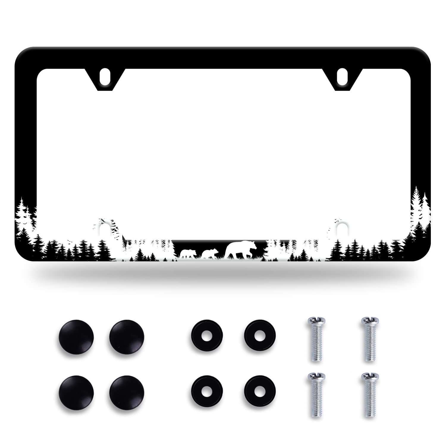 GORSNKYEMama Bear License Plate Frame Forest Mountains License Plate Stainless Steel Car Accessory Personalize Funny License Plate Holes Screws Decorative 12.3" X 6.3" for Women Men