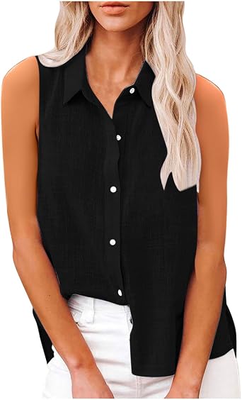 Mzkdieey Womens Sleeveless Button Down Shirts V Neck Collared Cotton Linen Blouse Solid Loose Tank Tops Business Work Shirt