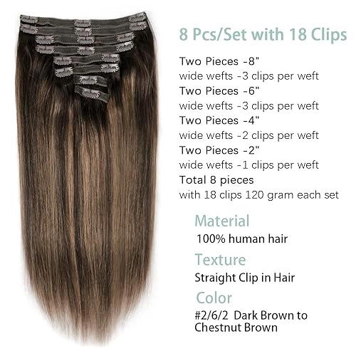 Miniatura 2 de Extensiones de cabello humano virgen brasileño con broches, 8 unidades, extensiones de cabello humano Remy con clip, 18 clips, doble trama de