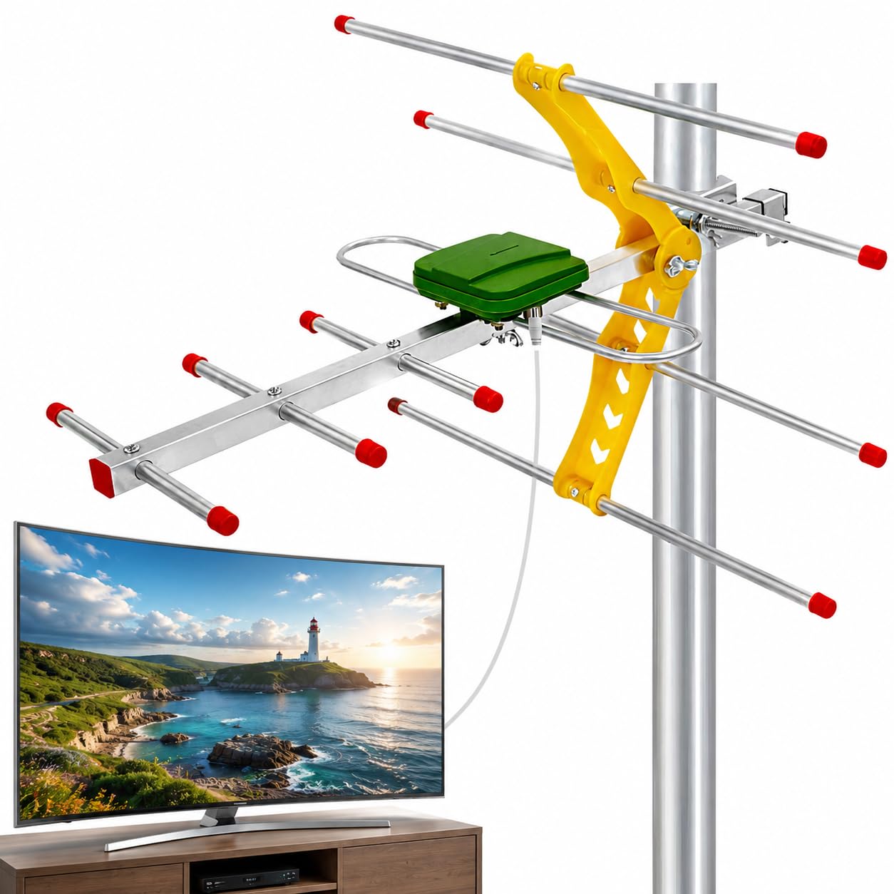 Antena TV Exterior Potente de Largo Alcance – Antena TDT Exterior HD 4K/1080P con Recepción Estable UHF/VHF, Compatible con Smart TV y DVB-T2/DVB-T (B-ES-08E-260608)