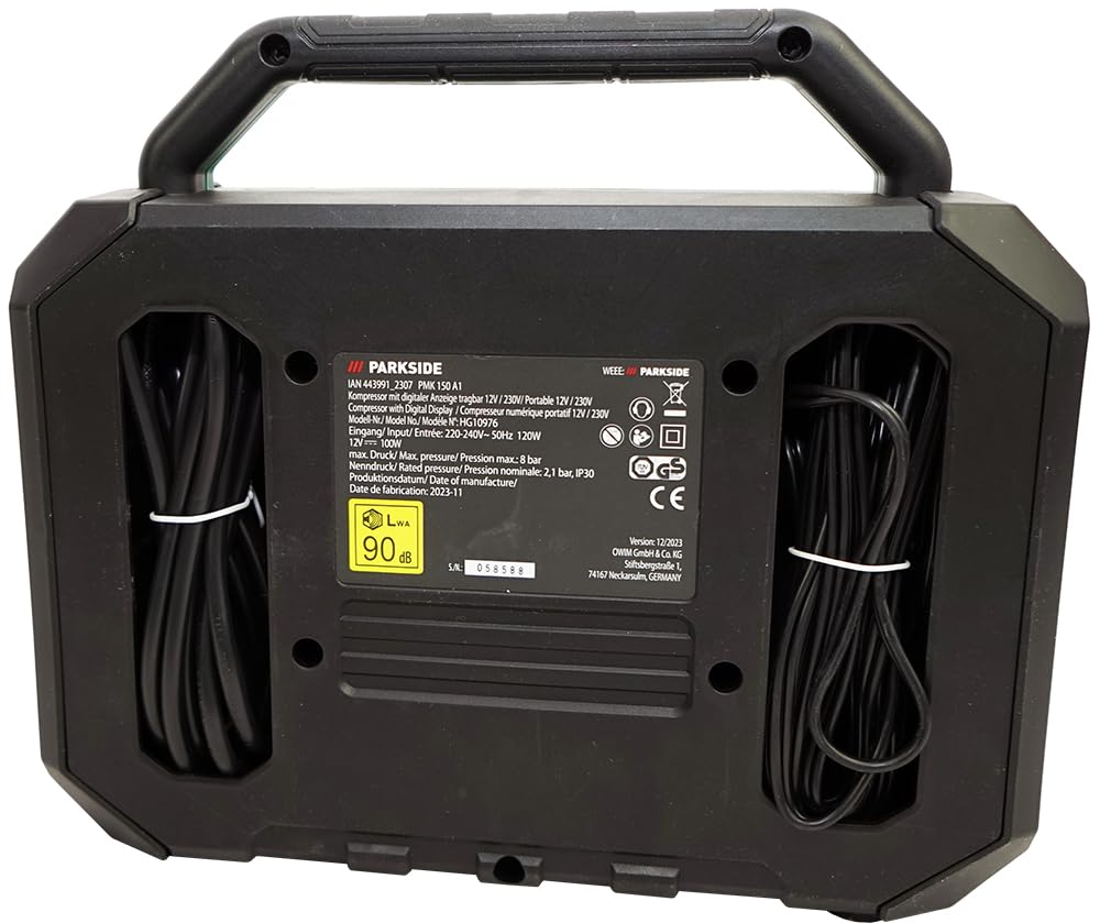 HEADNMORE® Parkside® PMK 150 Compresseur avec affichage numérique 8 bar 12 V/230 V + porte-clés