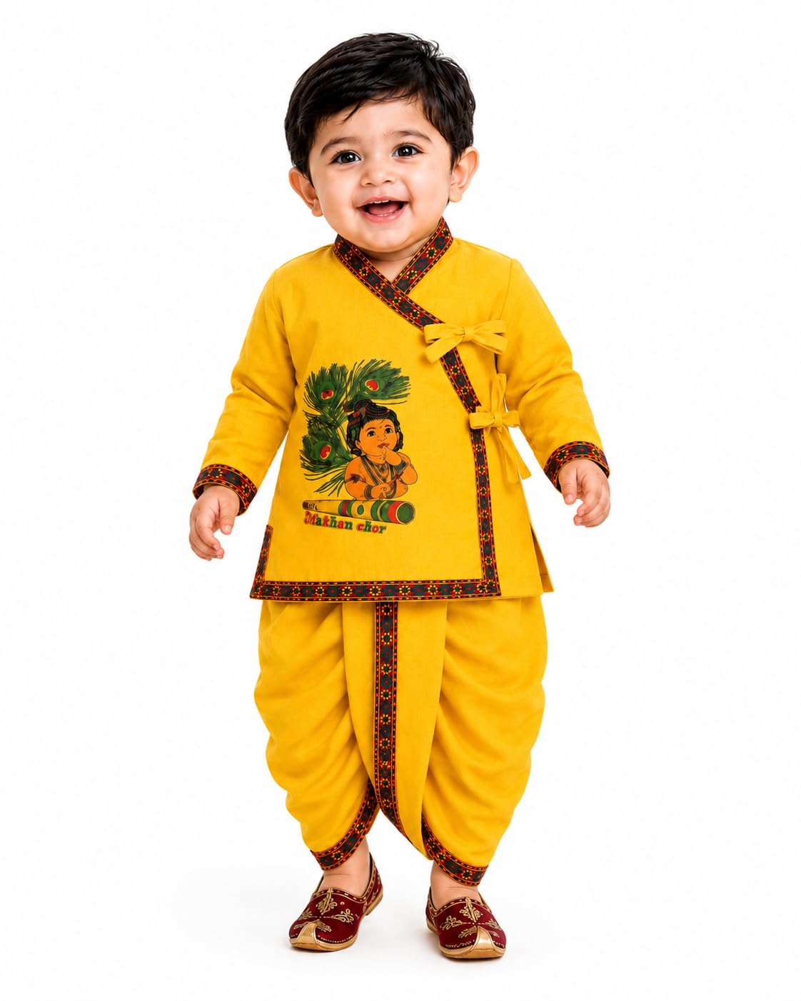 Baby Krishna Makhan Chor Cotton Angrakha Kurta Dhoti Set for Boys & Girls | Traditional Janmashtami Ethnic Wear | Full Sleeve Yellow Krishna Dress