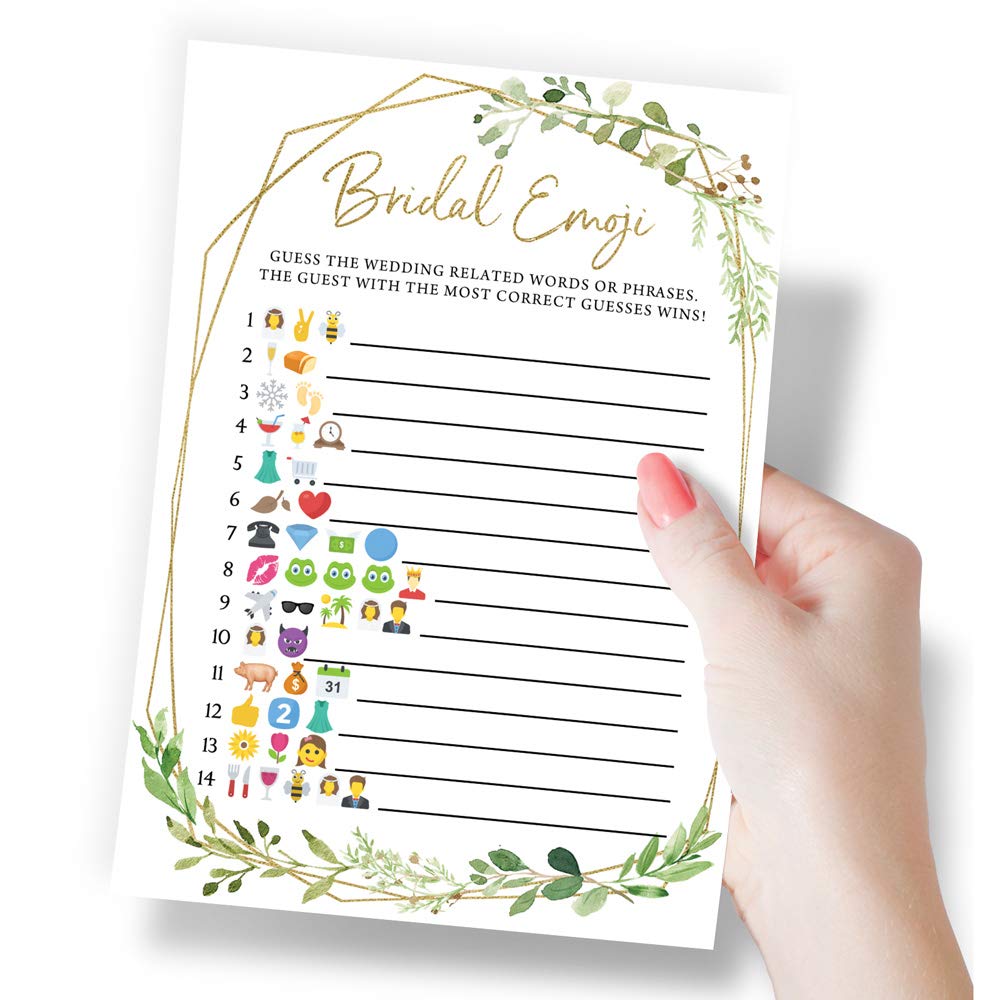 Printed Party Bridal Shower Games – Emoji Guessing Game with Popular Wedding Phrases, Fun Wedding Shower Activity, Botanical Greenery Theme, 50 Guests