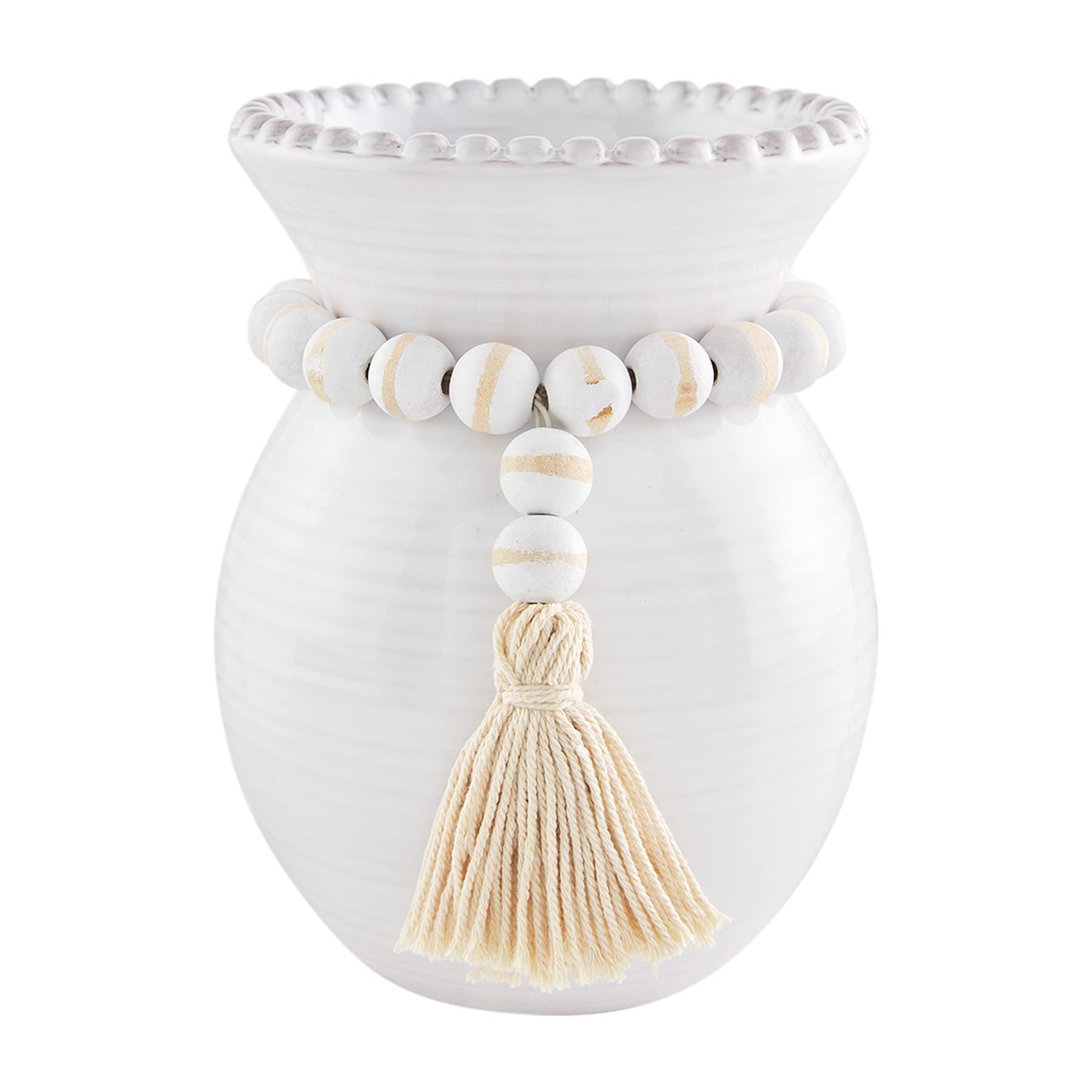 Mud PieWhite Beaded Ceramic Vase, Tassel, 6.5" x 5" Dia