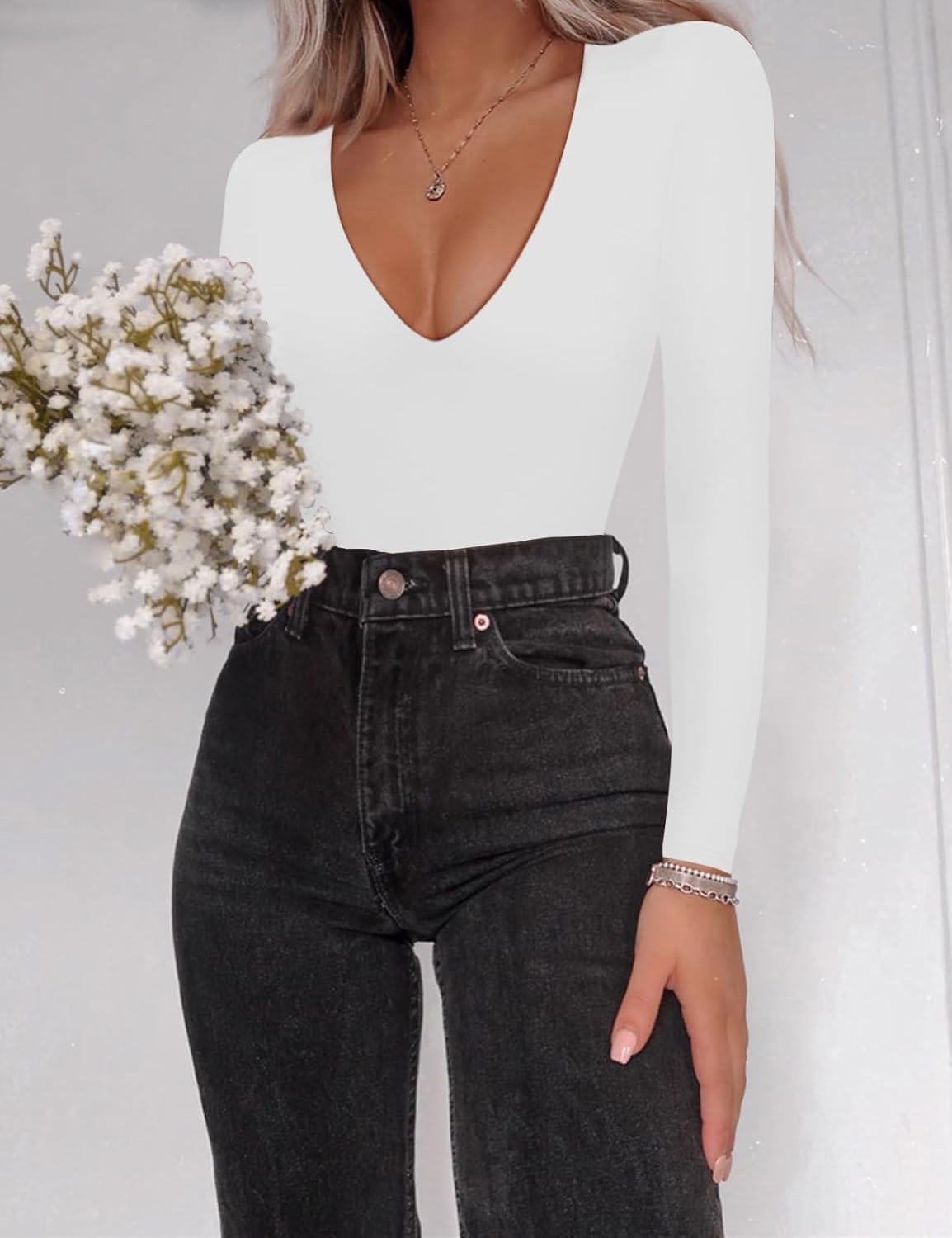 SAUNGKUAI Women's Plunge Deep V Neck Long Sleeve Bodysuit Double Lined Thong Body Suit Shirt Tops - Image 3