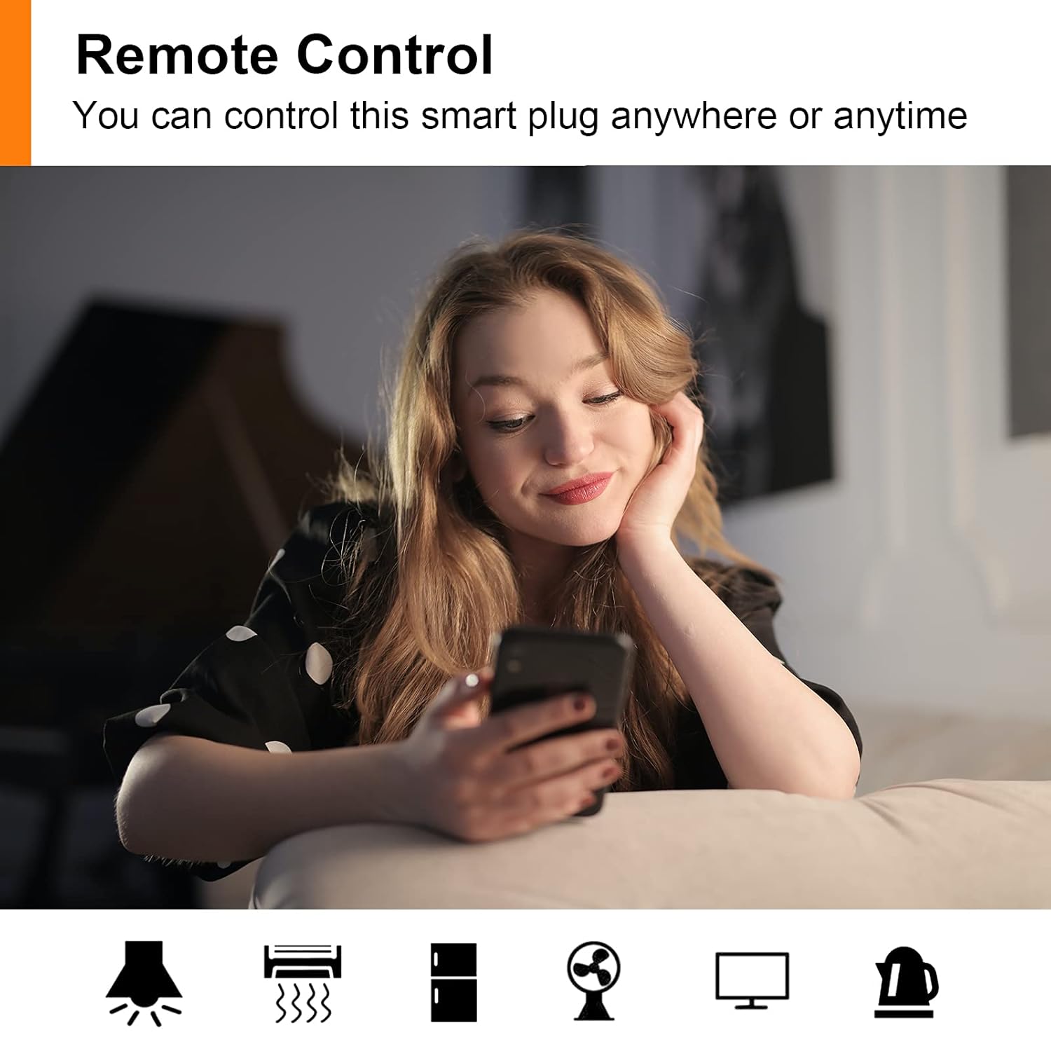 Woman using remote control via smartphone app