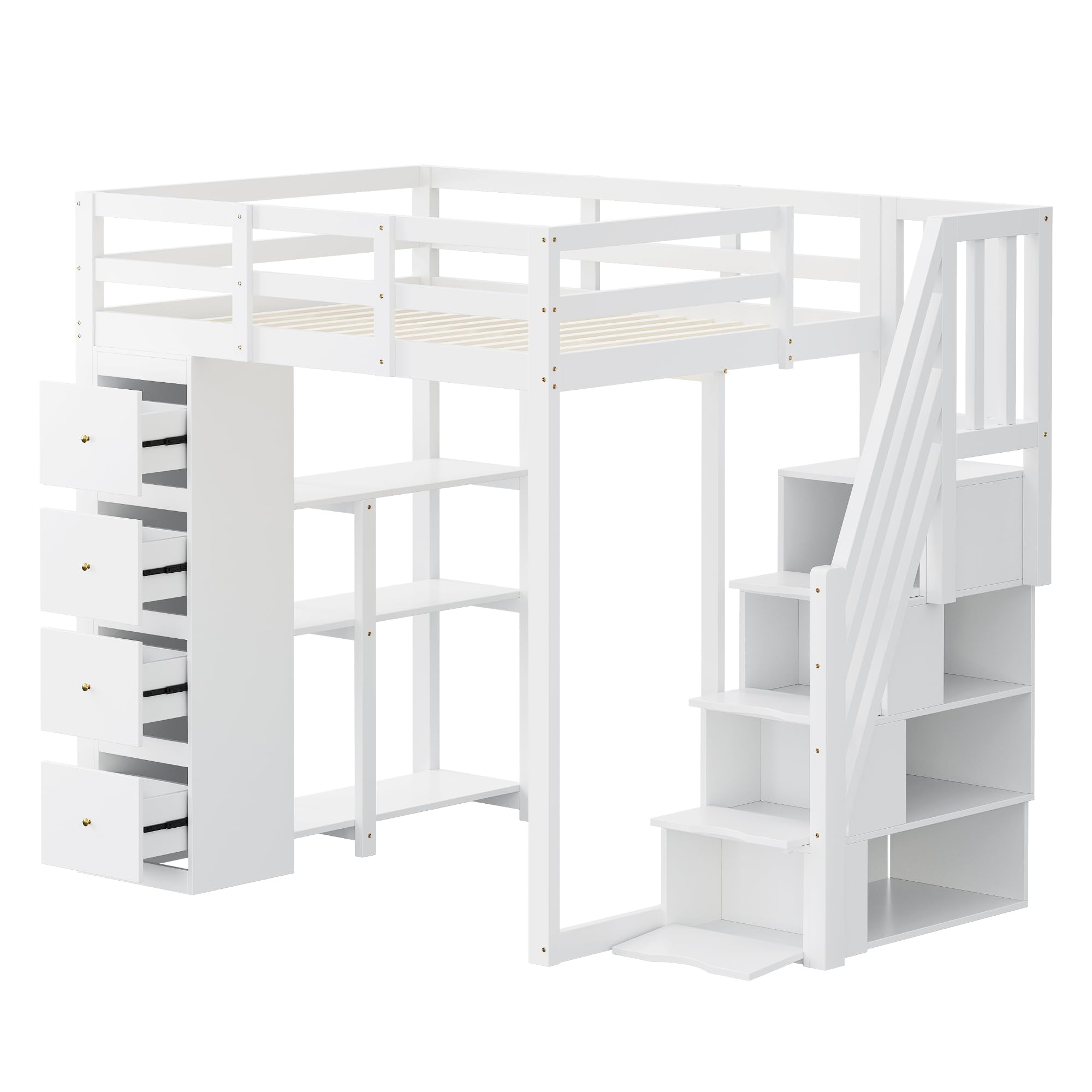 Kinderbett 140x200 cm mit Treppe Stauraum und Schubladen, Hochbett mit Offene Regale und Seitengitter, Stauraumbett, Holzbett, Weiß-A(Ohne Matratze)