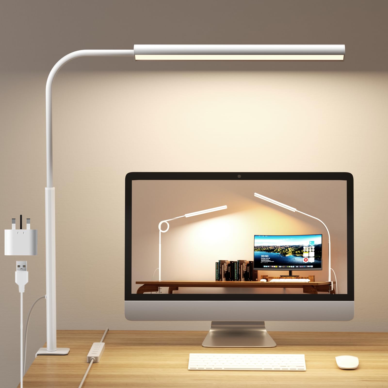 WHW3WIN LED Desk Lamp with Clamp - Flexible 40.0 Centimeters Height, White