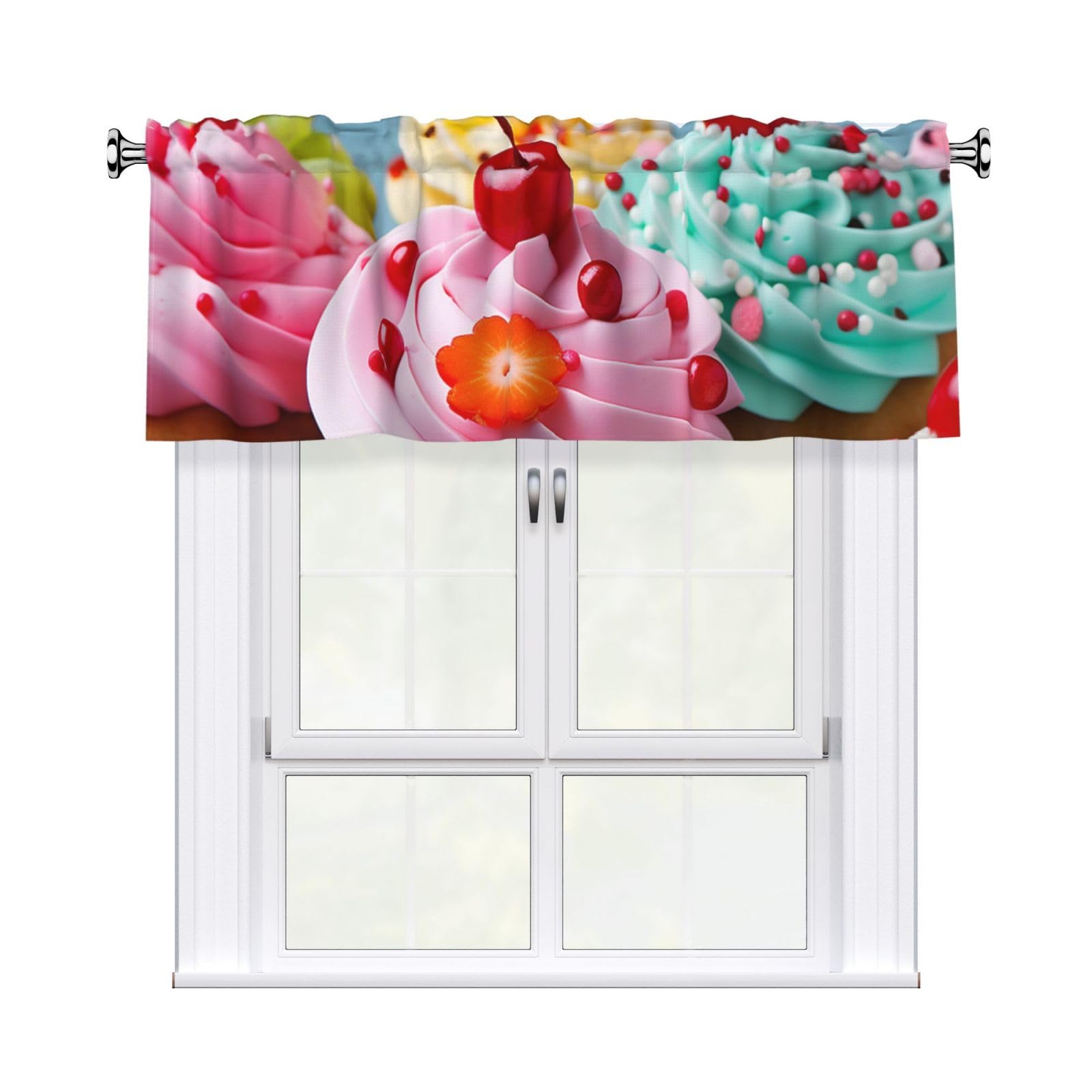 FekiLoot Cupcake Curtain Valance for Windows, Kitchen Window Valances Rod Pocket Window Treatments Short Curtains Drapes for Bathroom Bedroom Cafe Decor 54x18inch 1 Panel