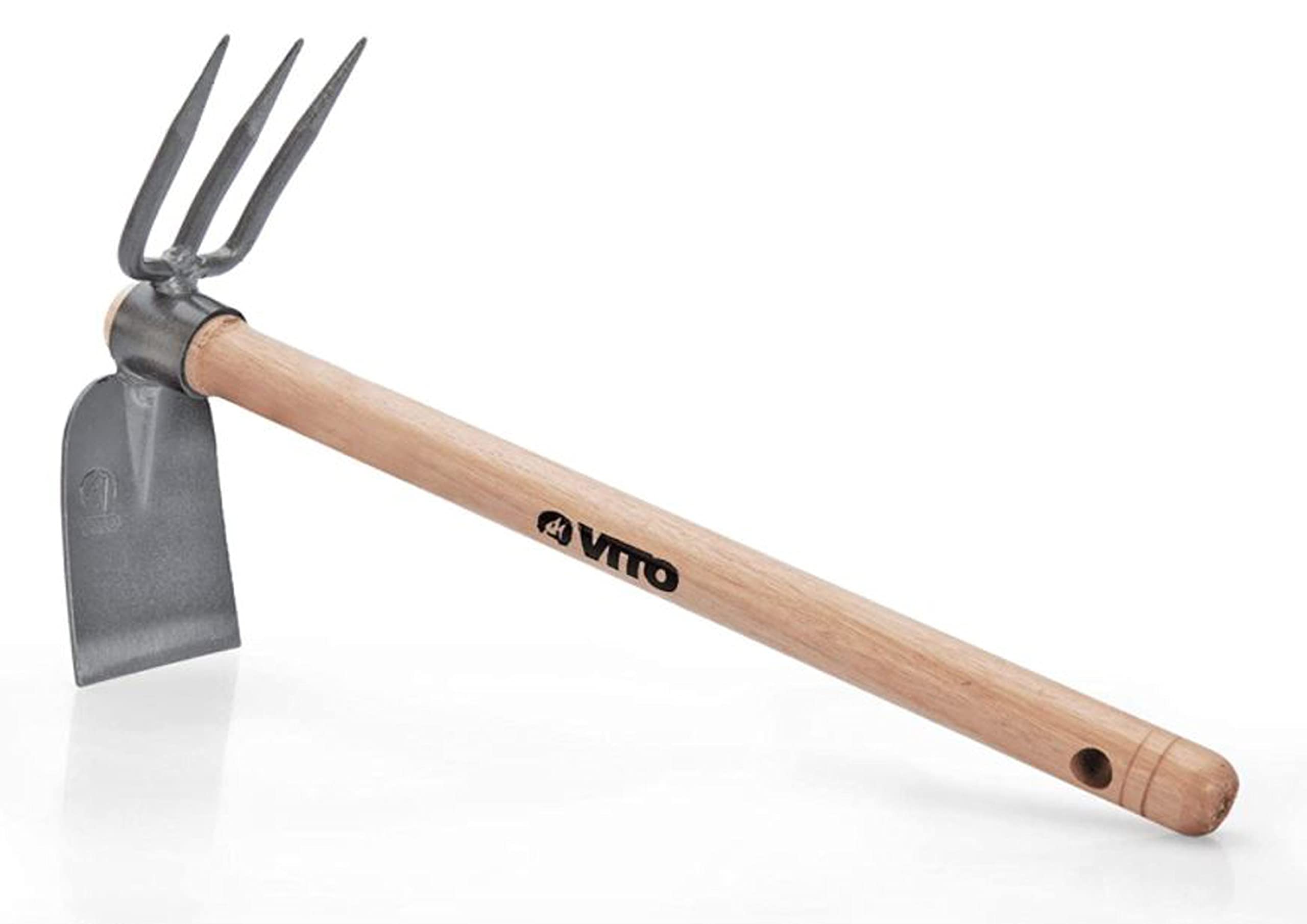 VITO Garden - Azada de doble pico de 3 dientes con mango de madera - Longitud del mango 40 cm - Azada de combinación muy estable - Azada para desyerbar - Herramienta de jardín pequeña tradicionalmente