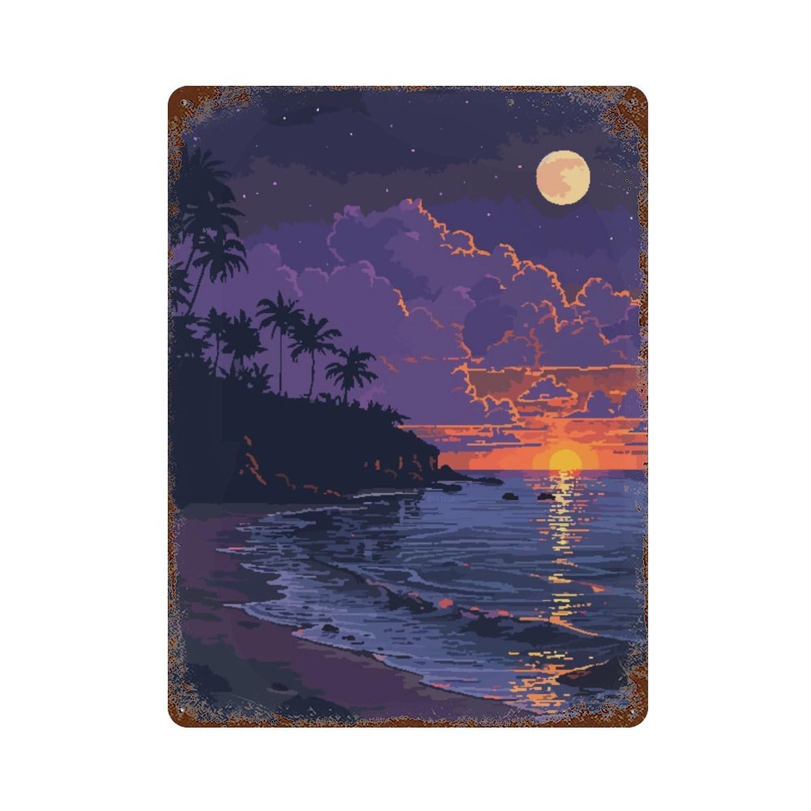 SoCal Beach Pixel Art Rusty Metal Tin Sign 15.7"x11.8", Ideal for Patio, Garden Room And Bar Decor