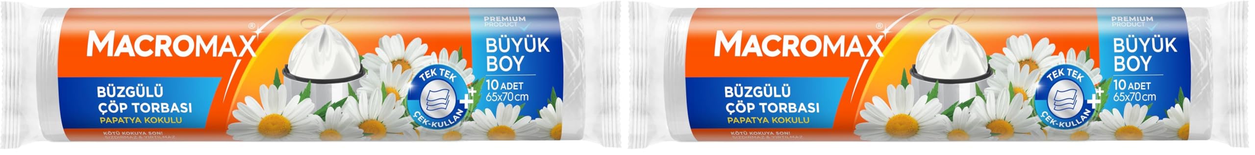Macromax Büzgülü Çöp Torbası Büyük Boy (65x70cm) Papatya Kokulu 10 Adet Süper Ekonomik Paket 2li paket