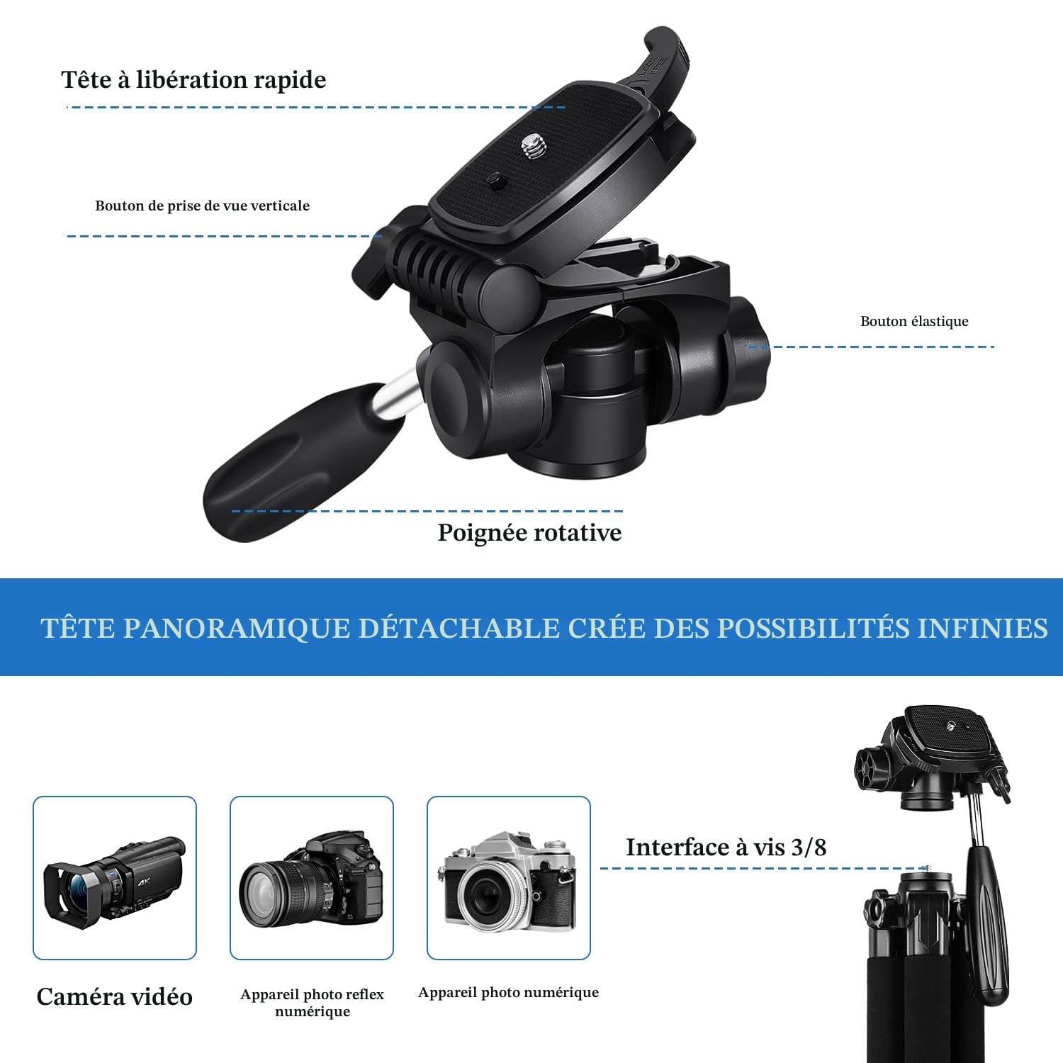 Trépied Appareil Photo pour Smartphone 187cm, JOILCAN Trépied Caméra avec Tête Pan Amovible à 3 Voies, Aluminium Portable Trepied pour Nikon Canon Sony DSLR, Téléphone Support pour iPhone (Noir)